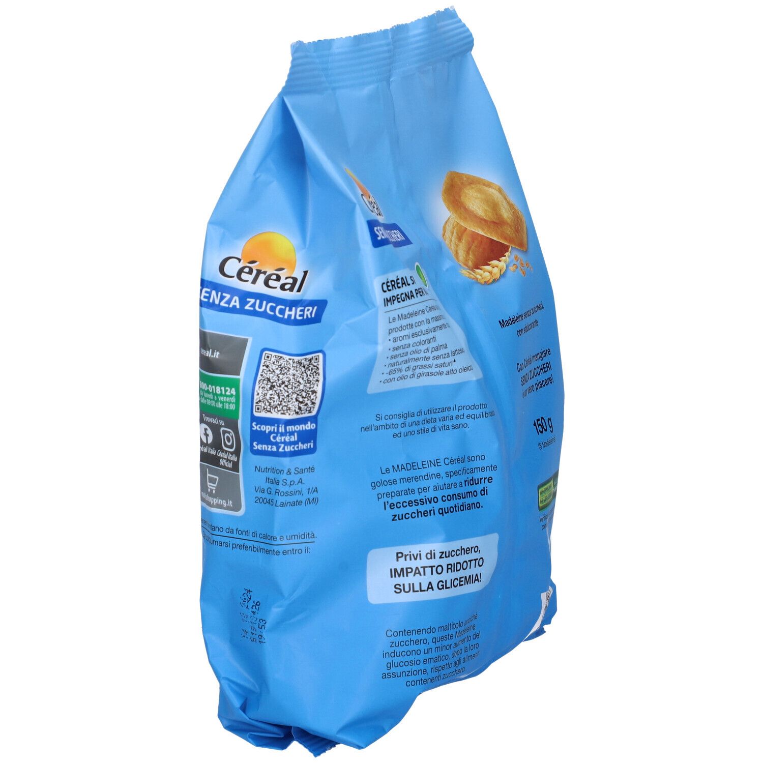 Confezione blu di madeleine Céréal Senza Zuccheri. Codice QR e contatti visibili. Scritta: Novità.