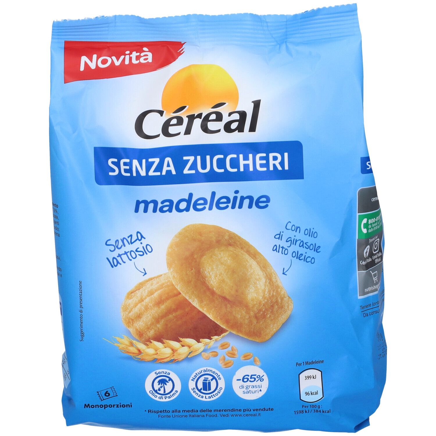 Confezione blu di madeleine Céréal Senza Zuccheri. Senza lattosio, con olio di girasole. 6 monoporzioni. Scritta: Novità.
