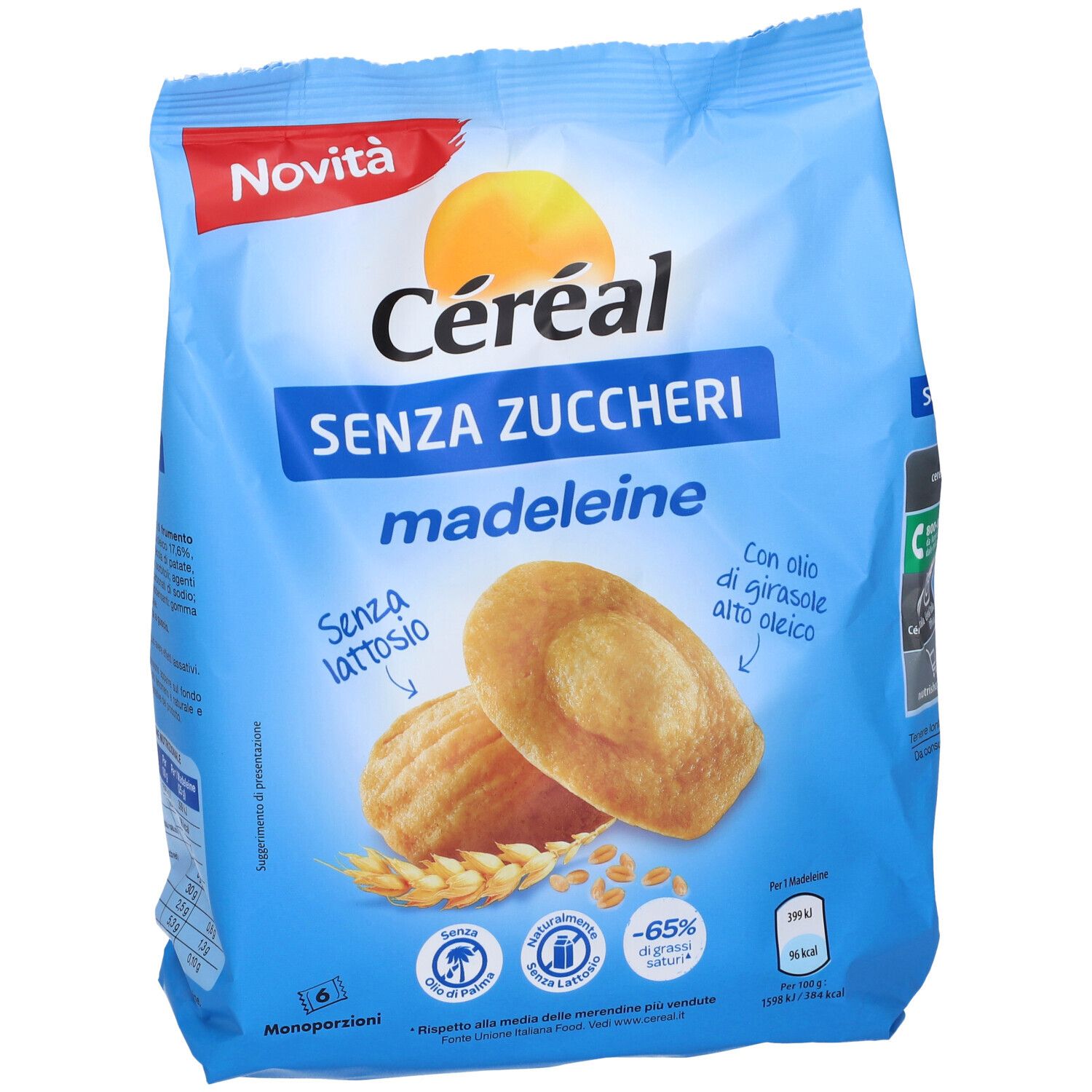 Confezione blu di madeleine Céréal Senza Zuccheri. Senza lattosio, con olio di girasole. 6 monoporzioni. Scritta: Novità.