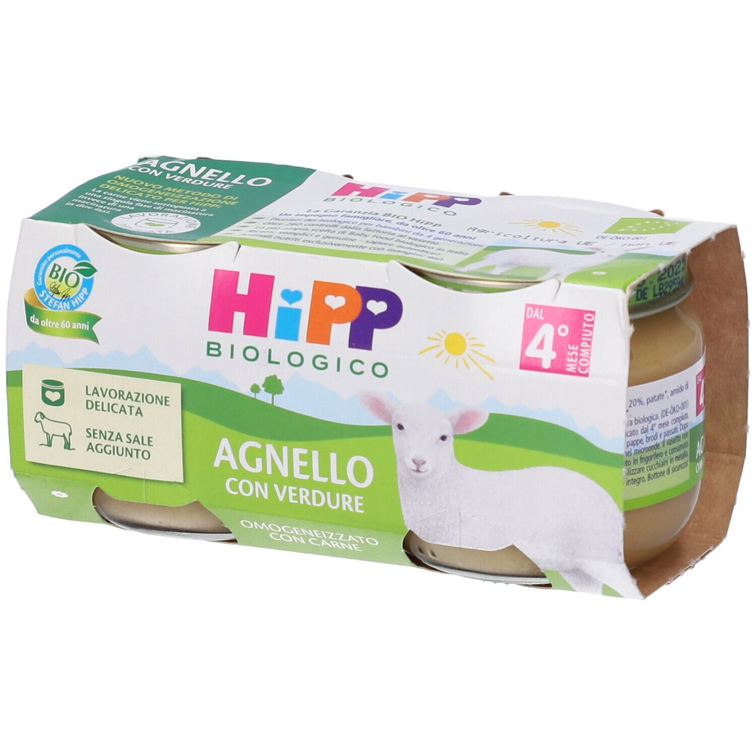 HiPP Biologico Agnello con Verdure Omogeneizzato. Verpackung mit Gläsern. Bio-Siegel. Ab dem 4. Monat.