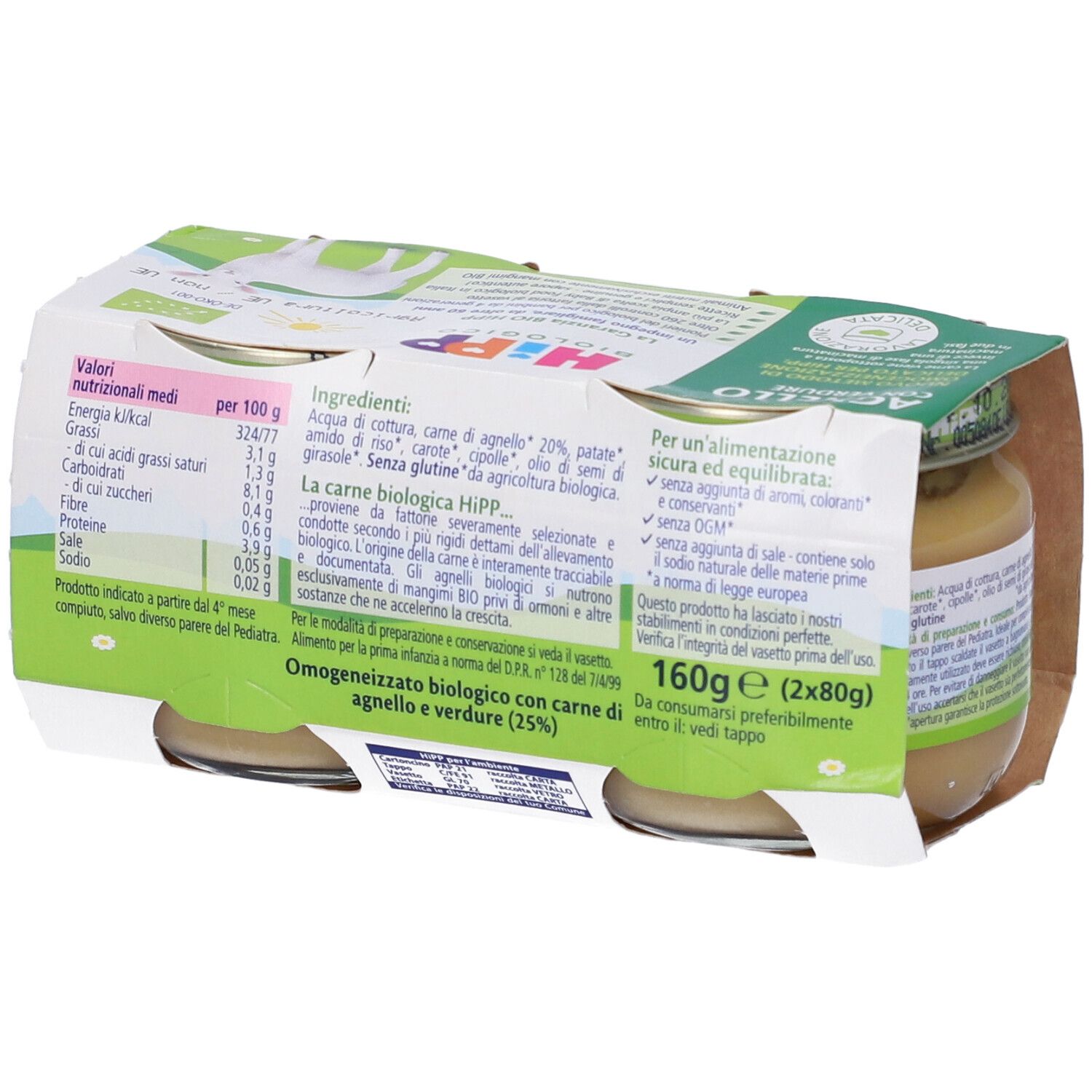 HiPP Biologico Agnello con Verdure Omogeneizzato. Verpackung mit Gläsern. Nährwertangaben. Bio-Siegel. 160g.