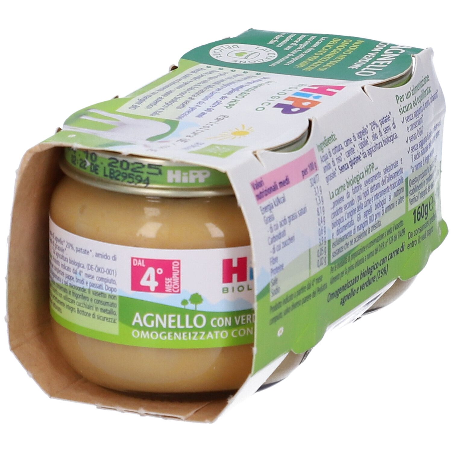 HiPP Biologico Agnello con Verdure Omogeneizzato. Glas mit Inhalt. Nährwertangaben. Bio-Siegel. 160g. Ab 4 Monaten.