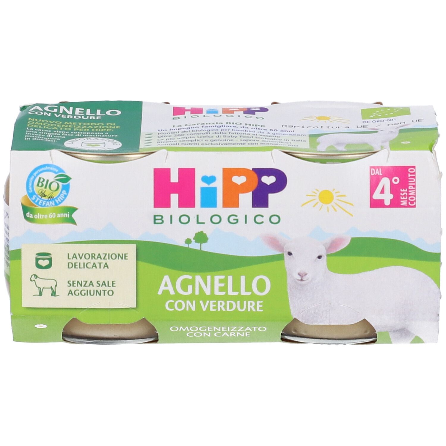 HiPP Biologico Agnello con Verdure Omogeneizzato. Verpackung mit Gläsern. Bio-Siegel. Ab dem 4. Monat. Ohne Salz.