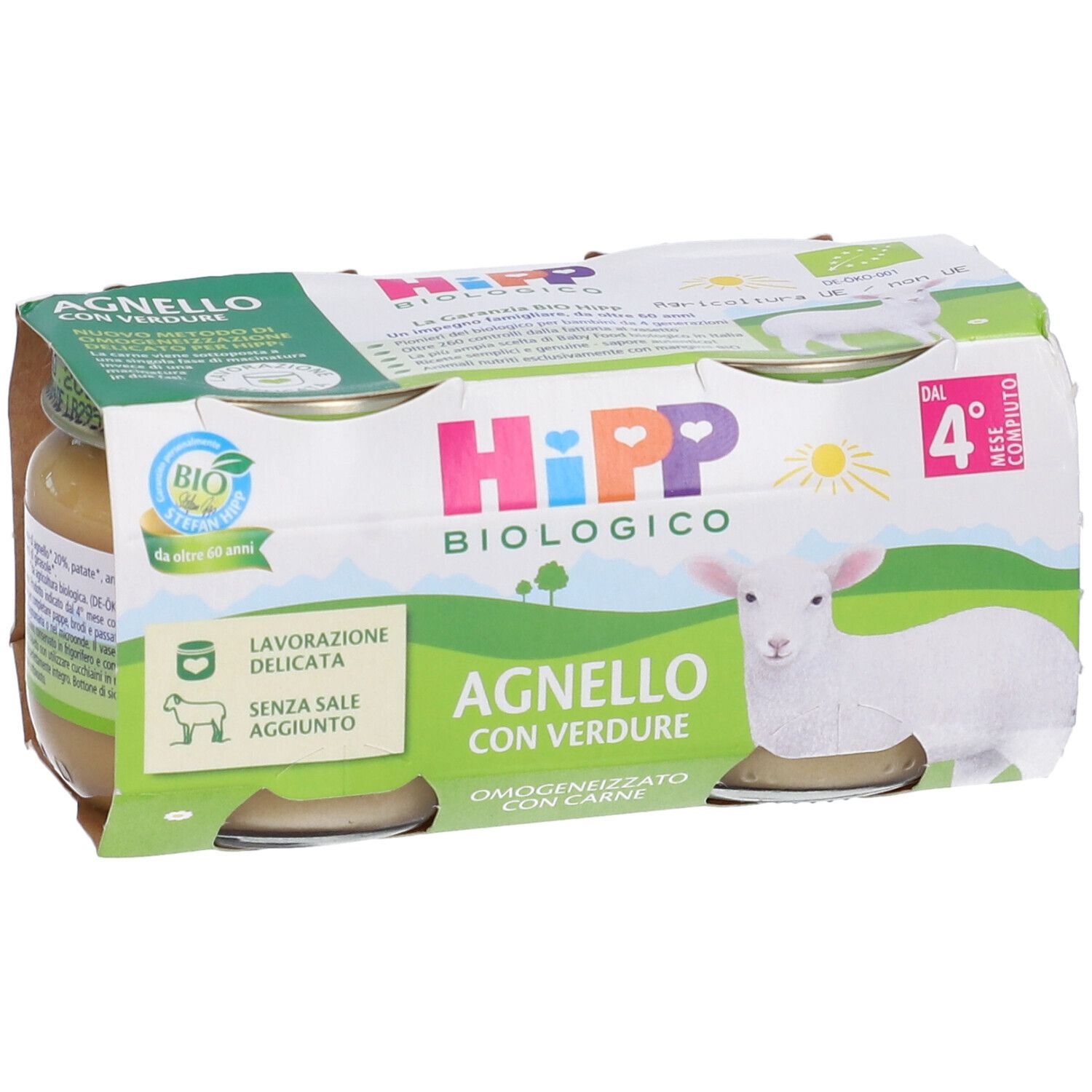 HiPP Biologico Agnello con Verdure Omogeneizzato. Verpackung mit Gläsern. Bio-Siegel. Ab dem 4. Monat. Ohne Salz.