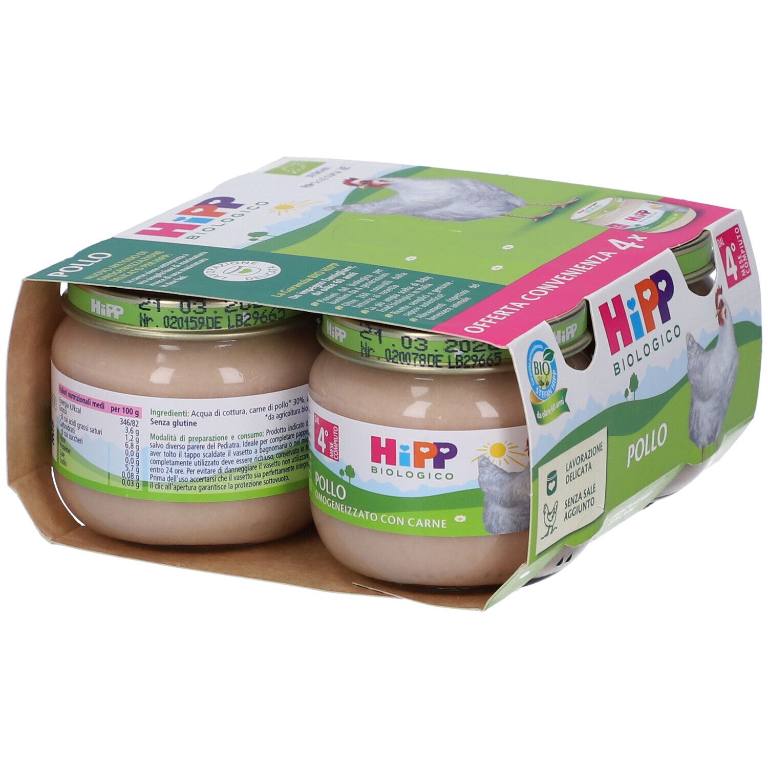 Vier Hipp Bio Hühnchen-Gläschen im Karton.