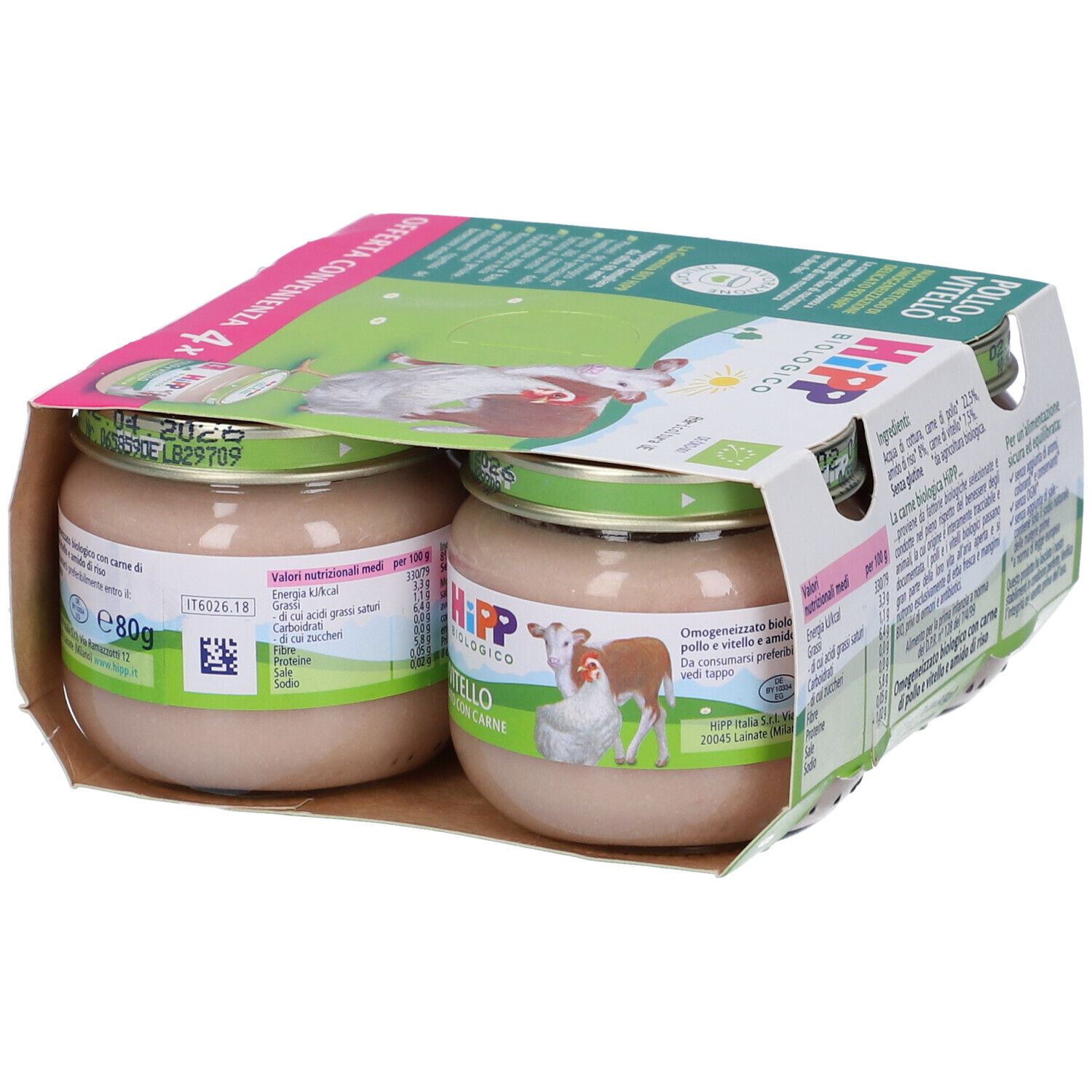 Zwei Gläser Babynahrung mit Huhn und Kalbfleisch, 80g pro Glas, im 4er-Pack.