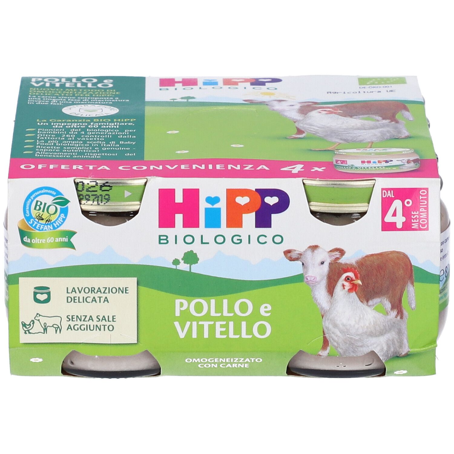 Hipp Biologico Hühnchen und Kalbfleisch, 4er Packung.