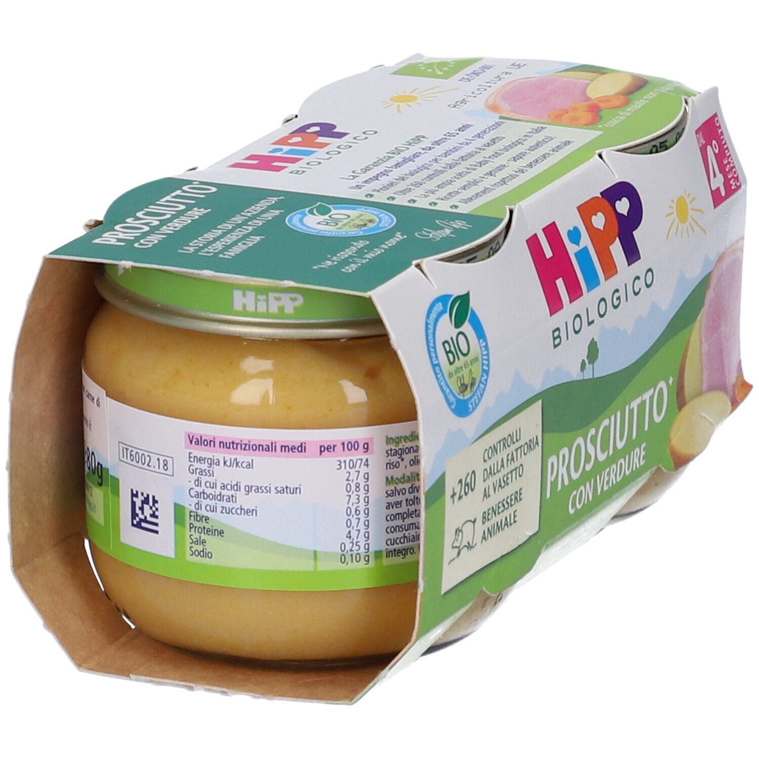 Hipp Bio-Babykostglas mit Schinken und Gemüse, 4 Monate.