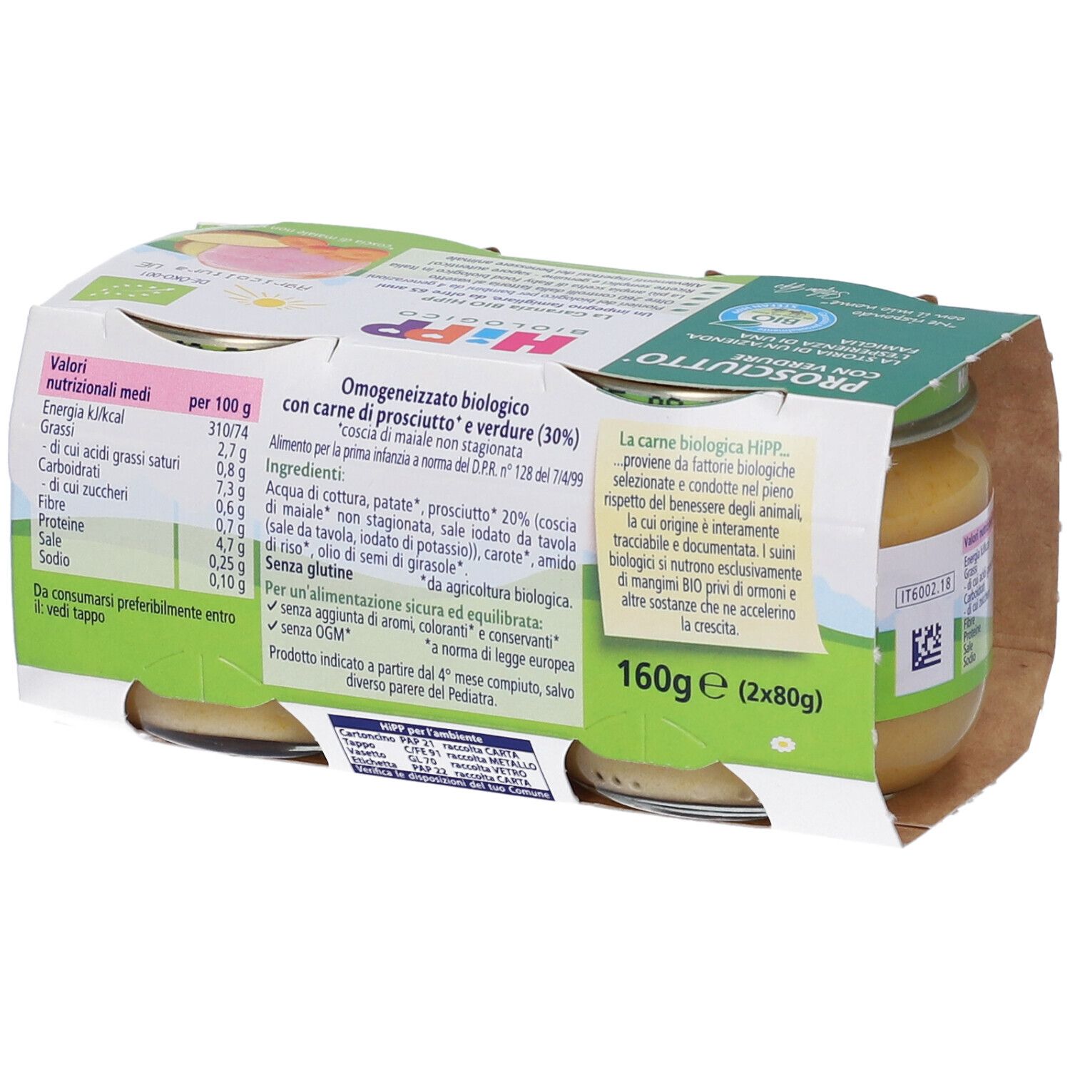 Zwei Gläser Babynahrung mit Schinken und Gemüse, 160g.