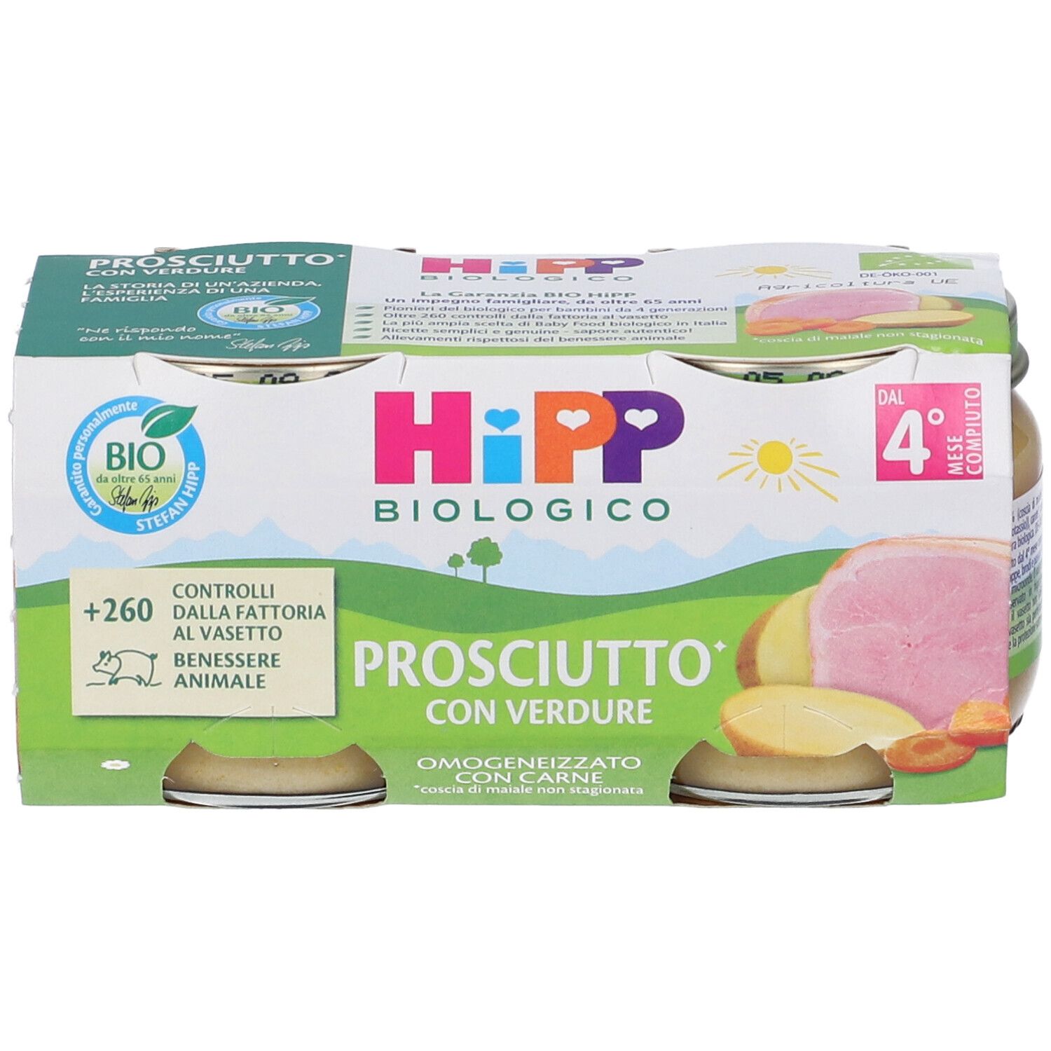 Hipp Bio-Babybrei: Schinken mit Gemüse in Gläschen, 4er-Pack.