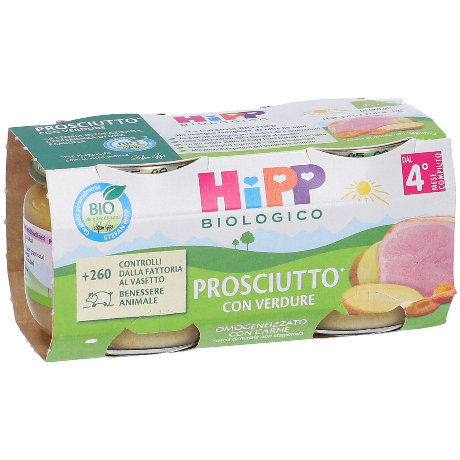 Hipp Biologico Prosciutto con Verdure Babybrei im 4er-Pack. Bio-Siegel und Hamster-Symbol sichtbar.