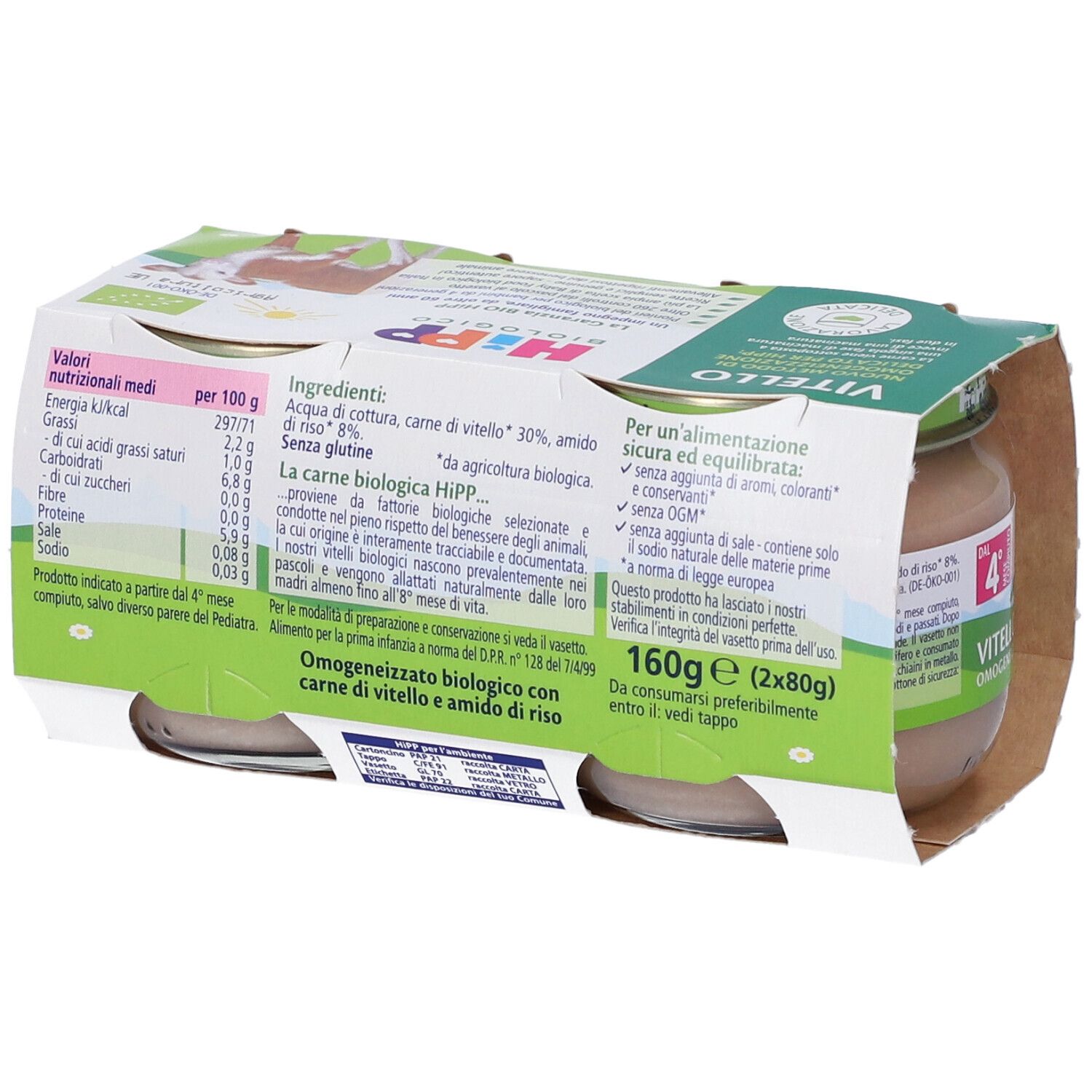 Hipp Kalbfleisch mit Reis, 2x80g Gläschen im Karton.