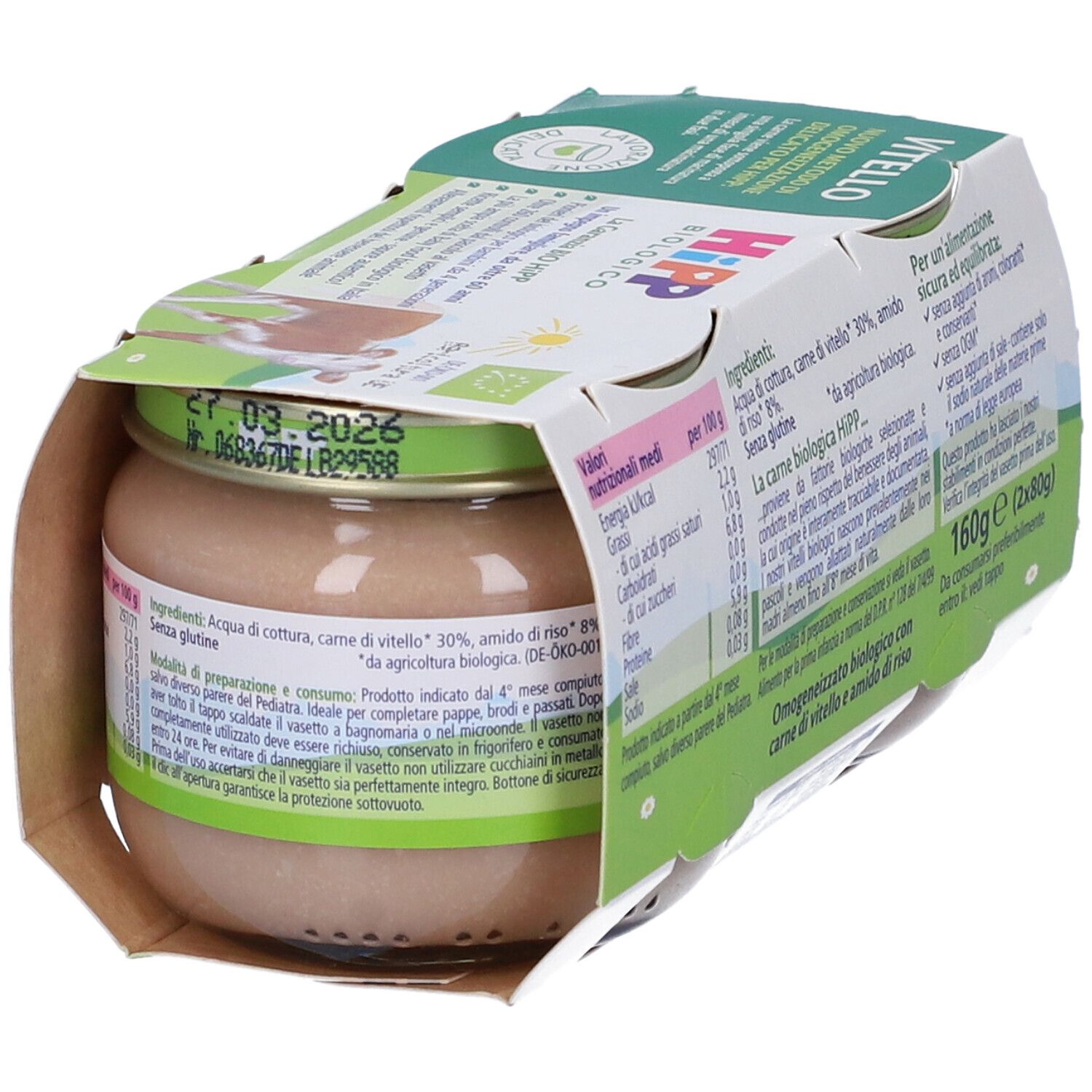 Babybrei im Glas mit Rindfleisch und Reis, 160g. Bio-Siegel und Nährwertangaben sichtbar.
