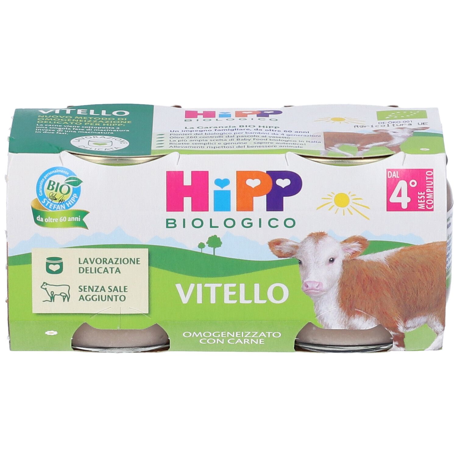 Hipp Biologico Kalbfleisch-Brei, 4x 80g Gläser. Bio-Siegel und Kalb-Illustration.