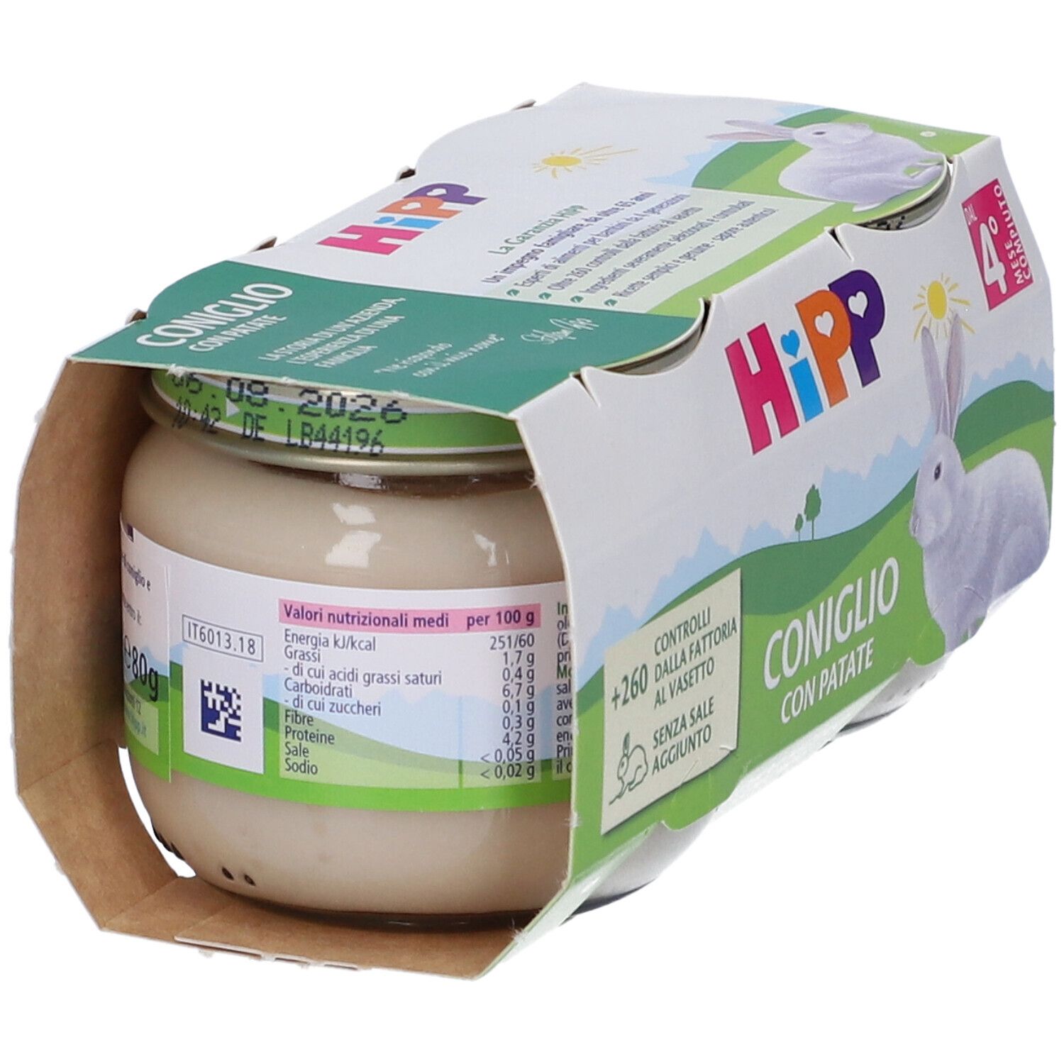 Hipp Babybrei Kaninchen mit Kartoffeln im Glas, verpackt in Karton mit Hasenmotiv.