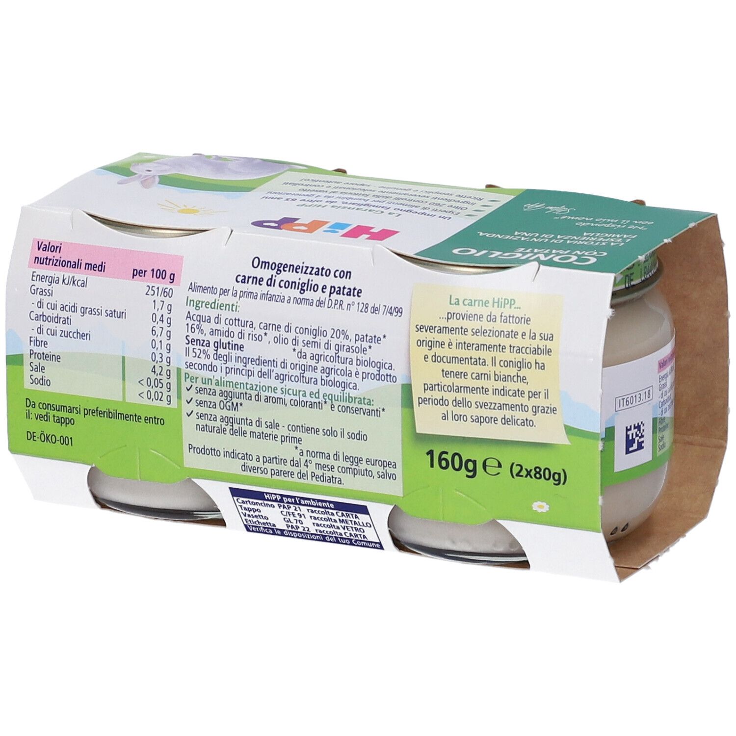 Zwei Gläser Babynahrung mit Kaninchenfleisch und Kartoffeln, 160g.
