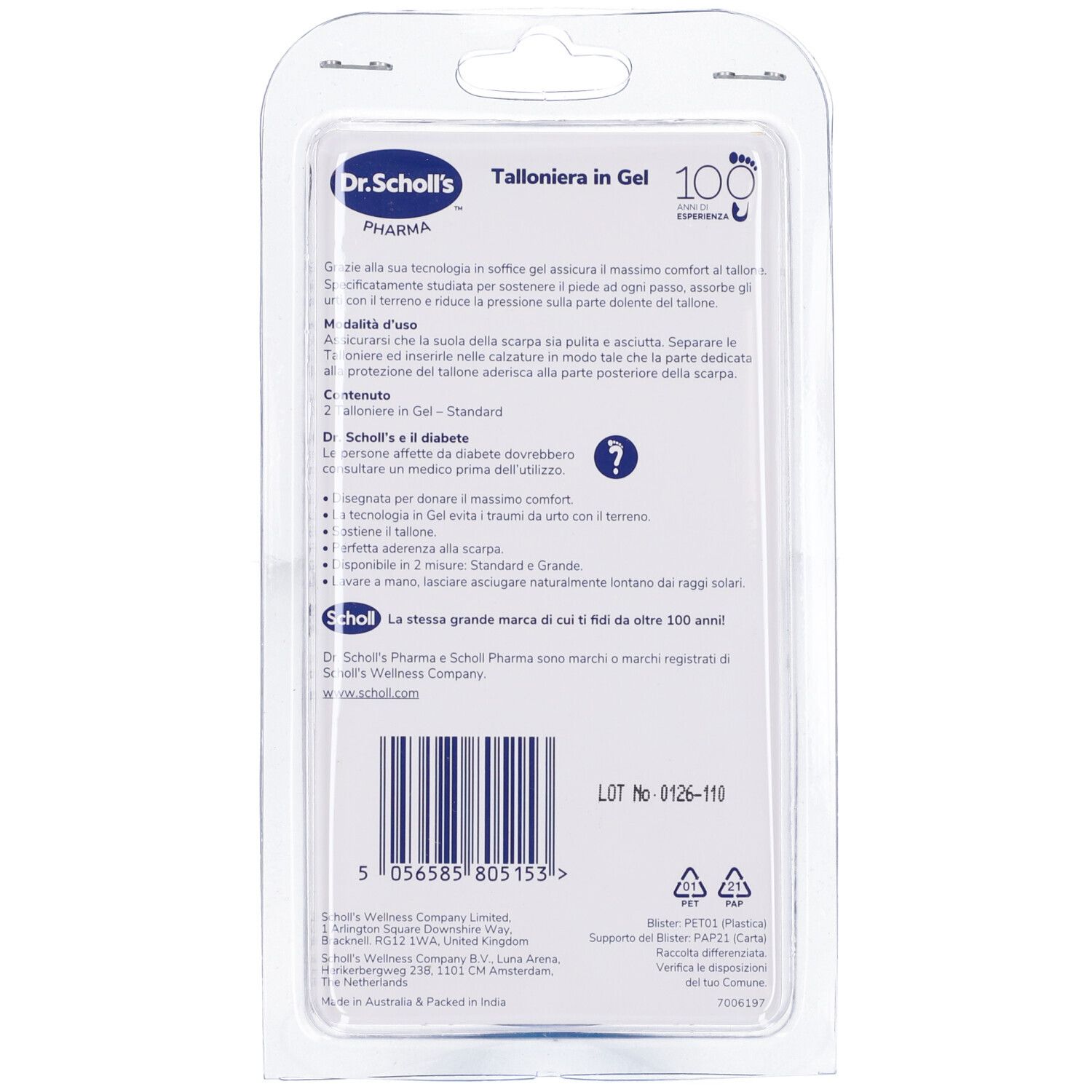 Rückseite der Dr. Scholl's Pharma Talloniera in Gel Verpackung mit Produktinformationen und Barcode.