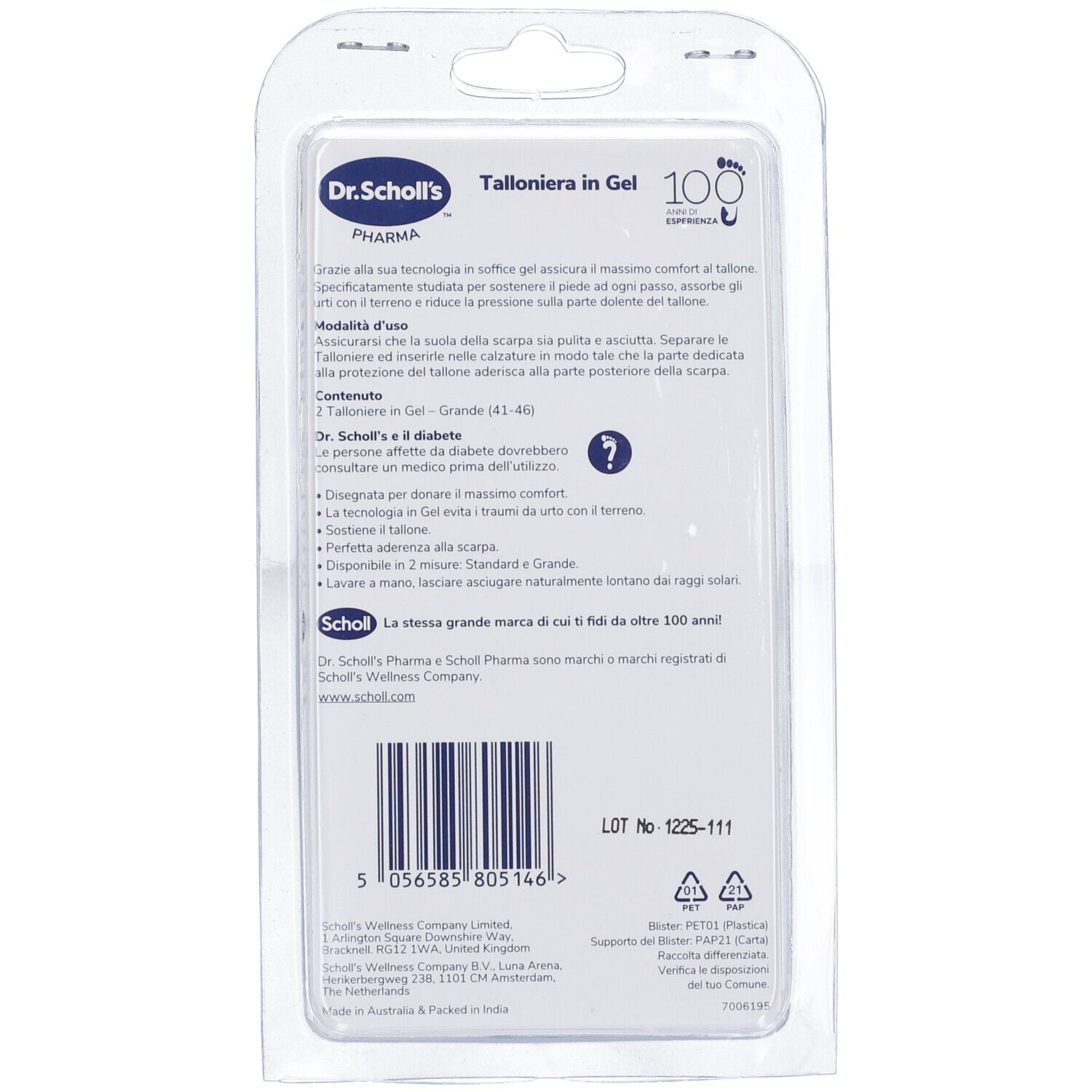 Rückseite der Scholl ExpertSupport Gel-Fersenkissen-Verpackung mit Produktinformationen.
