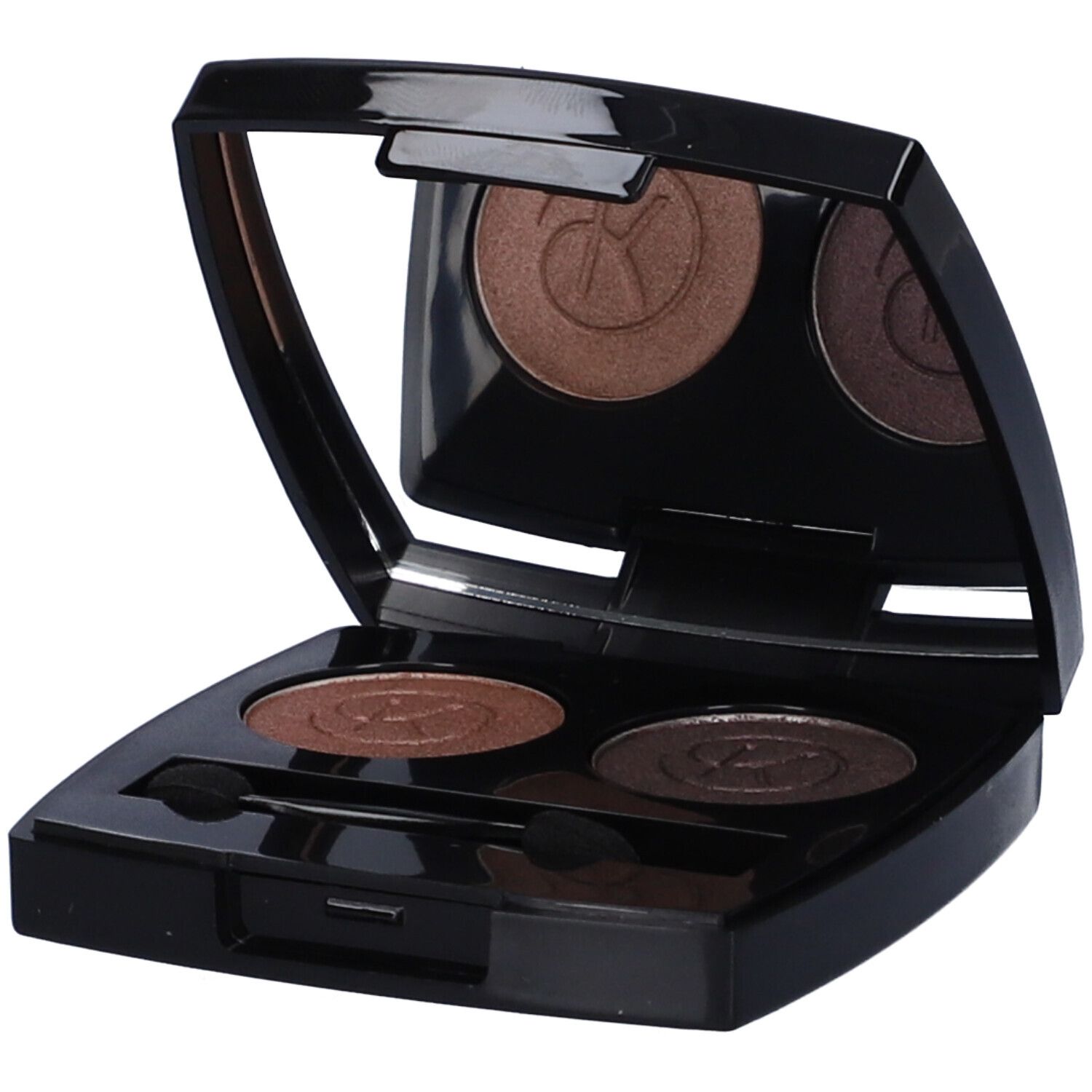 Palette ombretti nera con due tonalità marroni. Contiene due applicatori. Specchio nel coperchio.