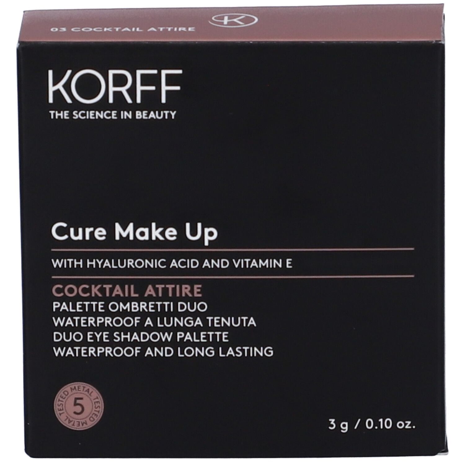 Confezione nera con nome del prodotto e testo. Korff Cure Make Up Cocktail Attire Palette Ombretti Duo.