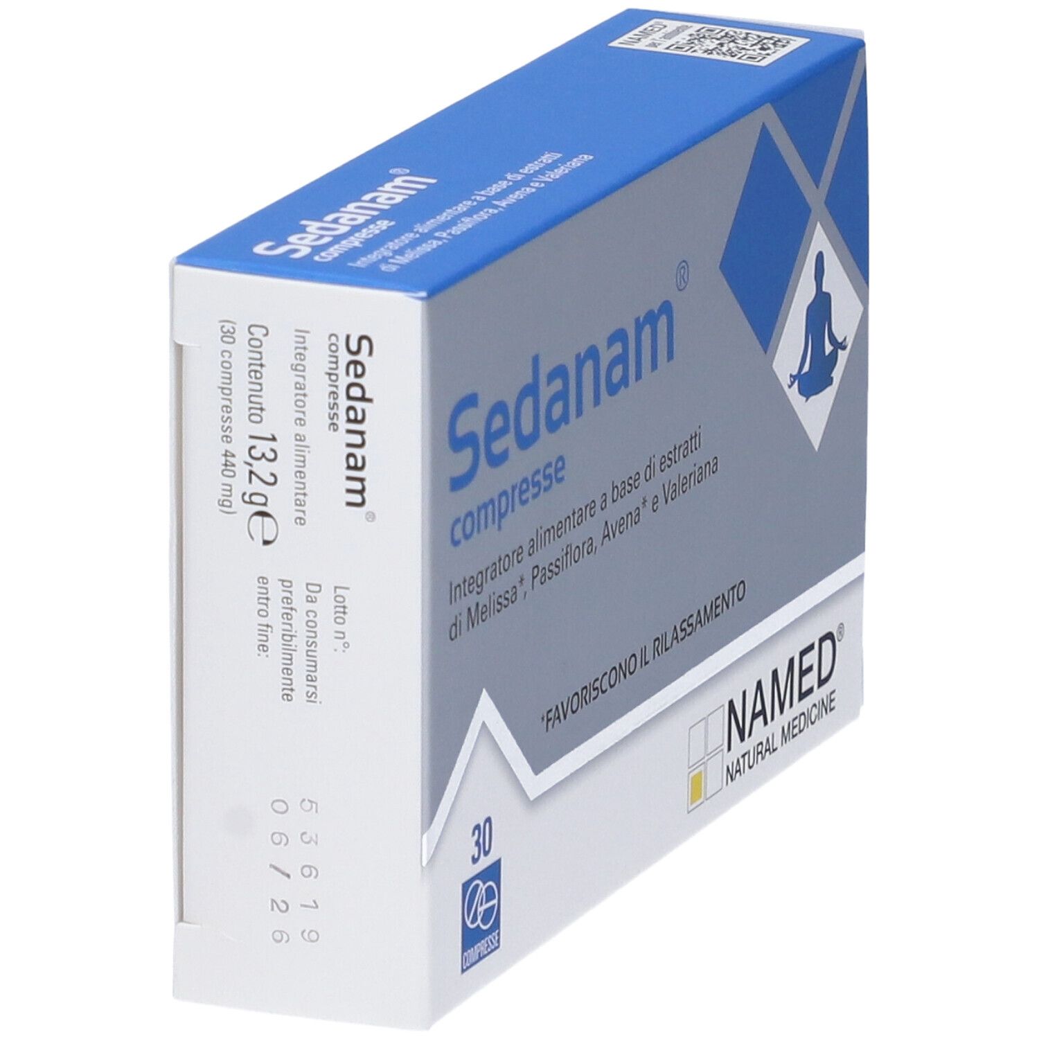 Schachtel Sedanam Compresse, schräg. Blaue und weiße Verpackung. Enthält 30 Tabletten. NAMED-Logo.