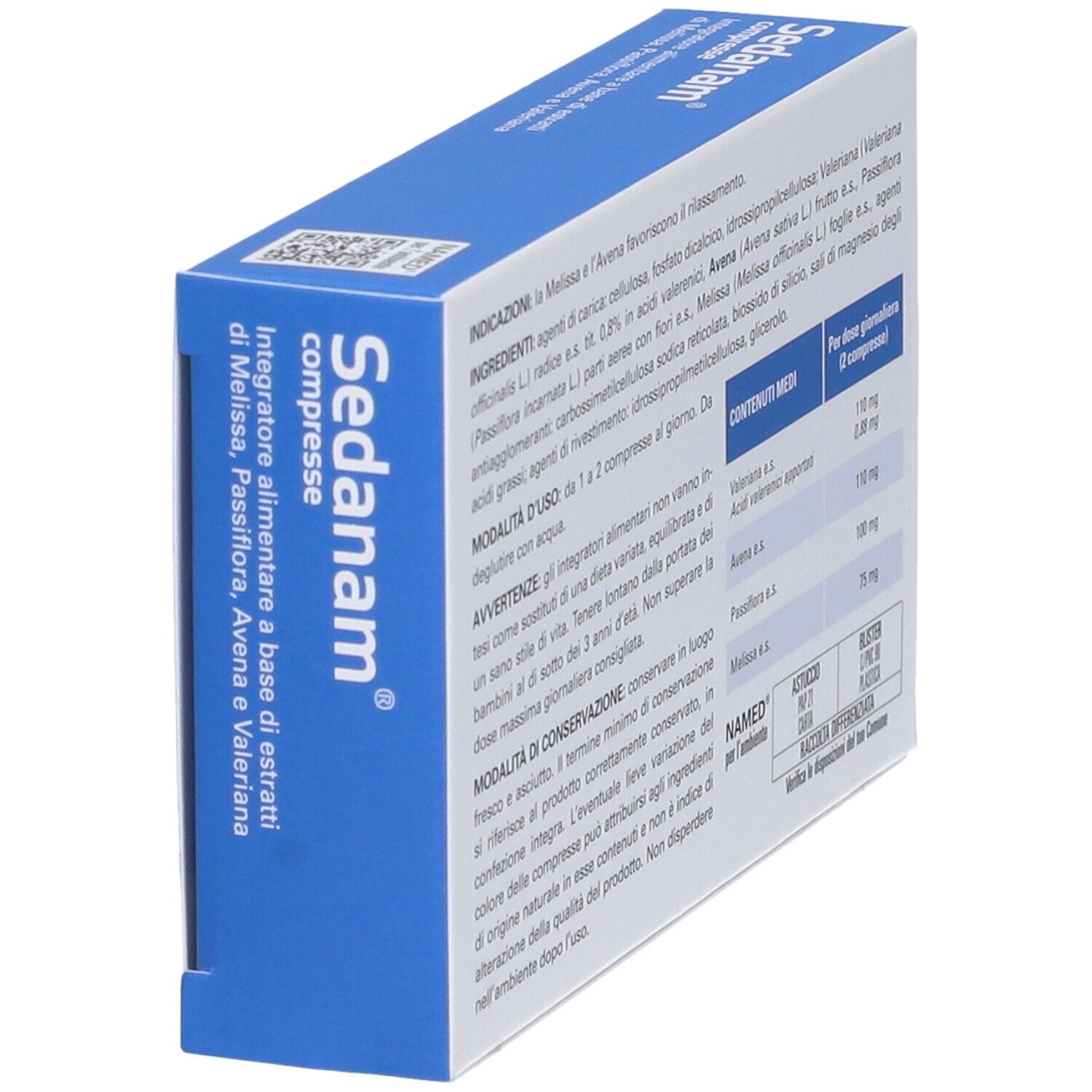 Schachtel Sedanam Compresse, schräg. Rückseite mit Text. NAMED-Logo. Inhaltsstoffe und Gebrauchsanweisung.