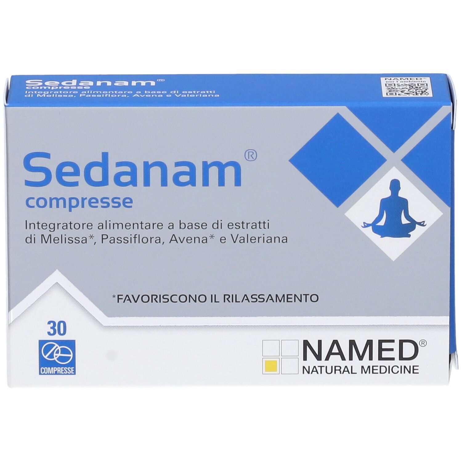 Schachtel Sedanam Compresse. Blaue und weiße Verpackung. Enthält 30 Tabletten. NAMED-Logo.