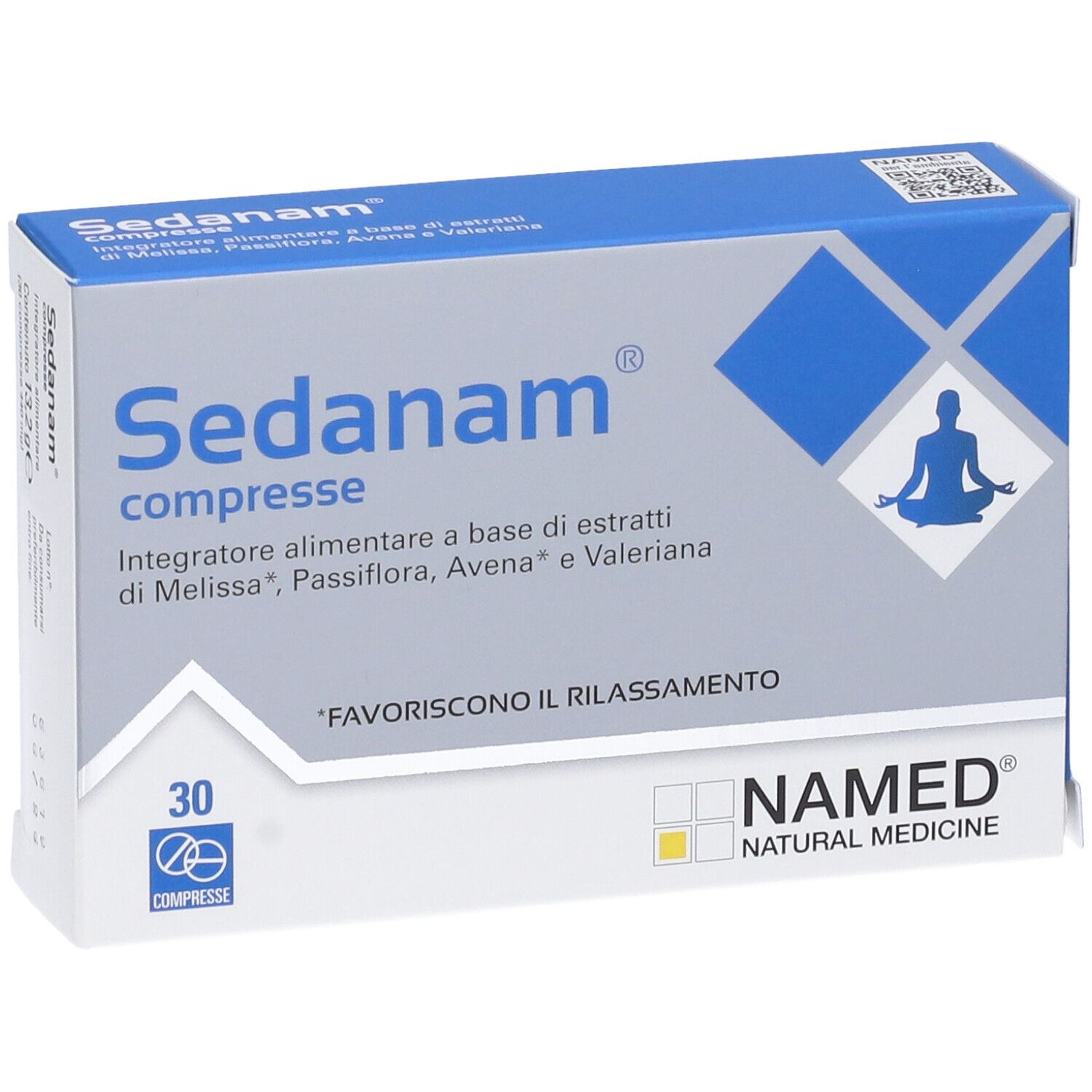 Schachtel Sedanam Compresse. Blaue und weiße Verpackung. Enthält 30 Tabletten. NAMED-Logo.