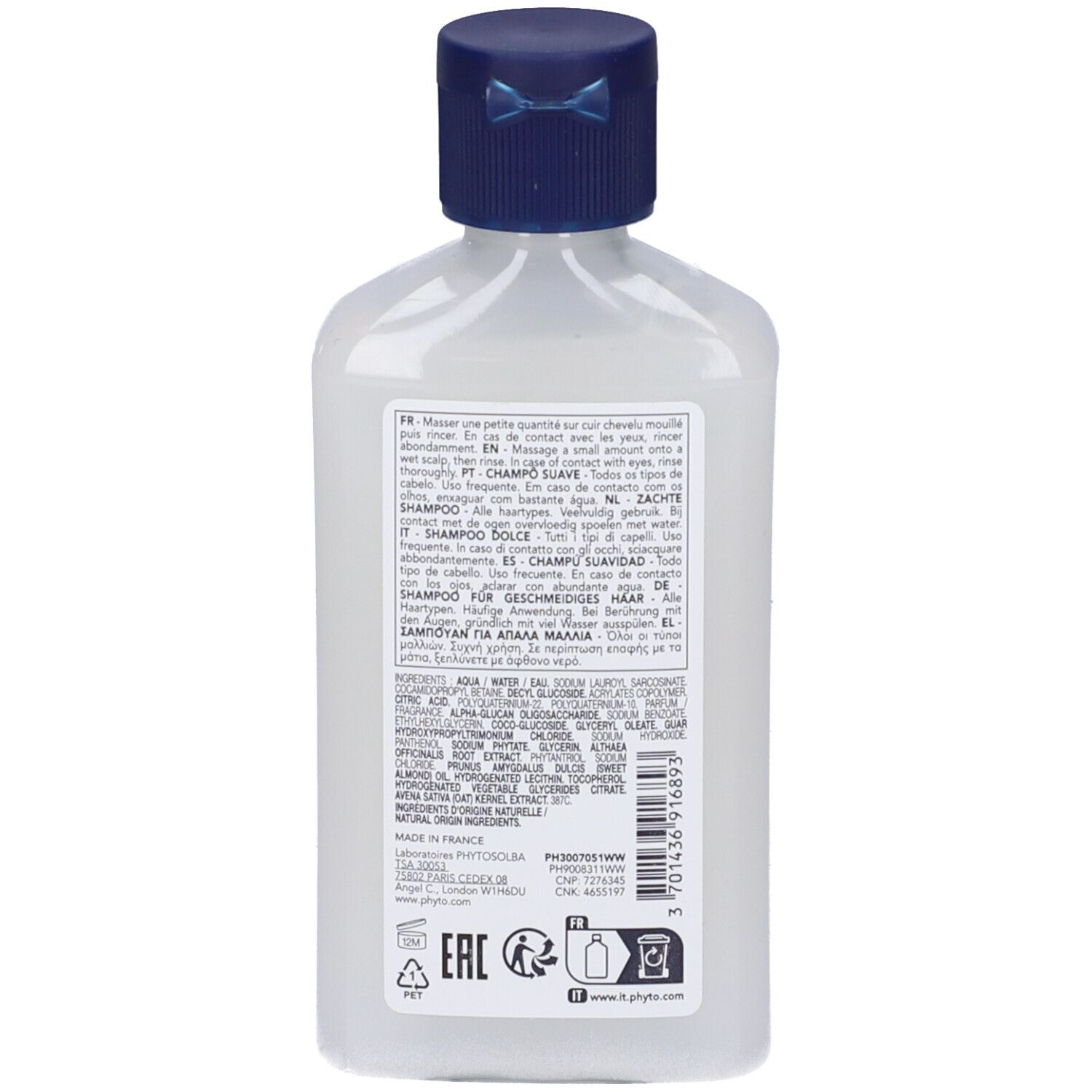 Rückseite einer weißen Flasche mit blauem Deckel. Text in mehreren Sprachen.