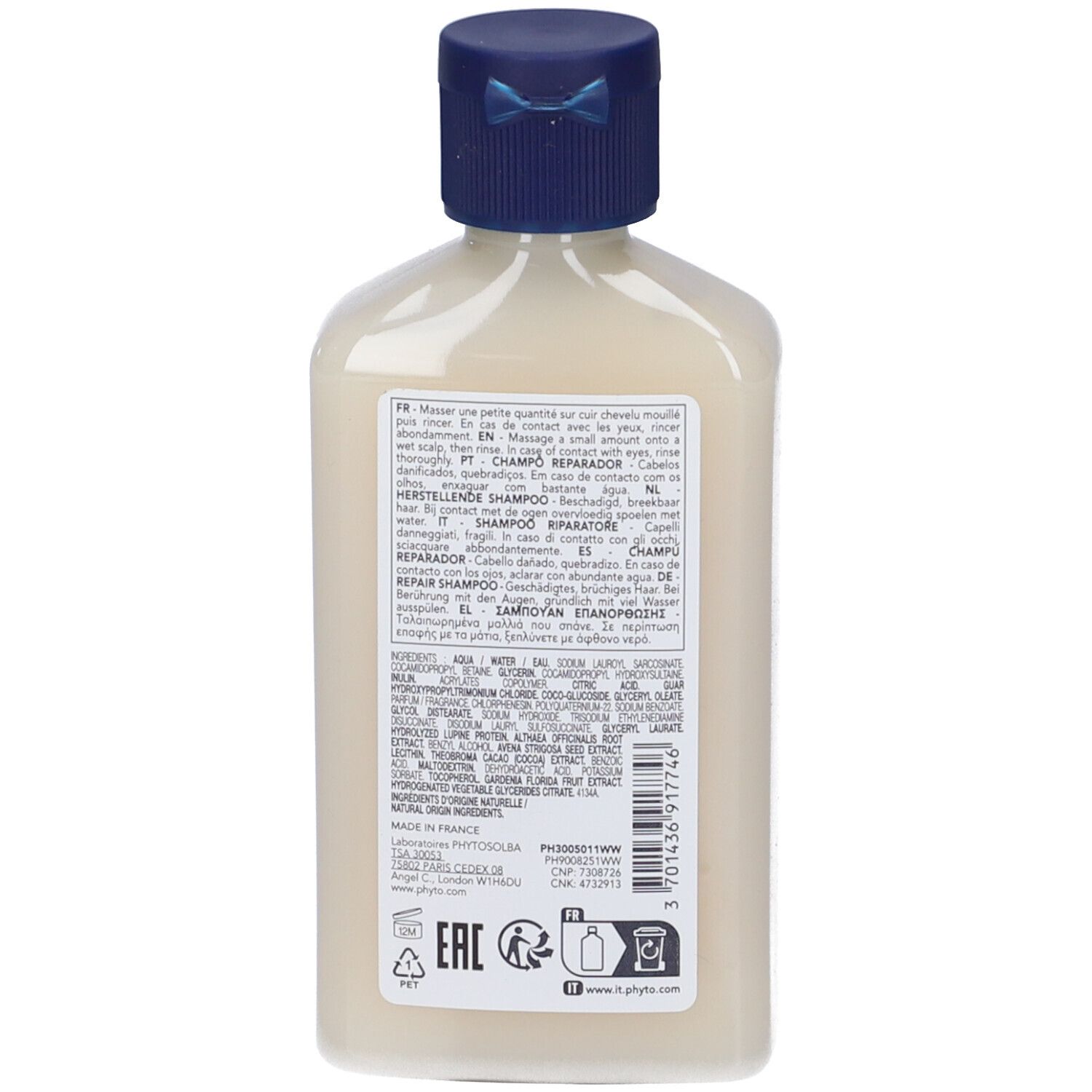 Rückseite der Shampoo-Flasche. Text in mehreren Sprachen, darunter Deutsch, Französisch, Italienisch und Niederländisch. Inhaltsstoffe.