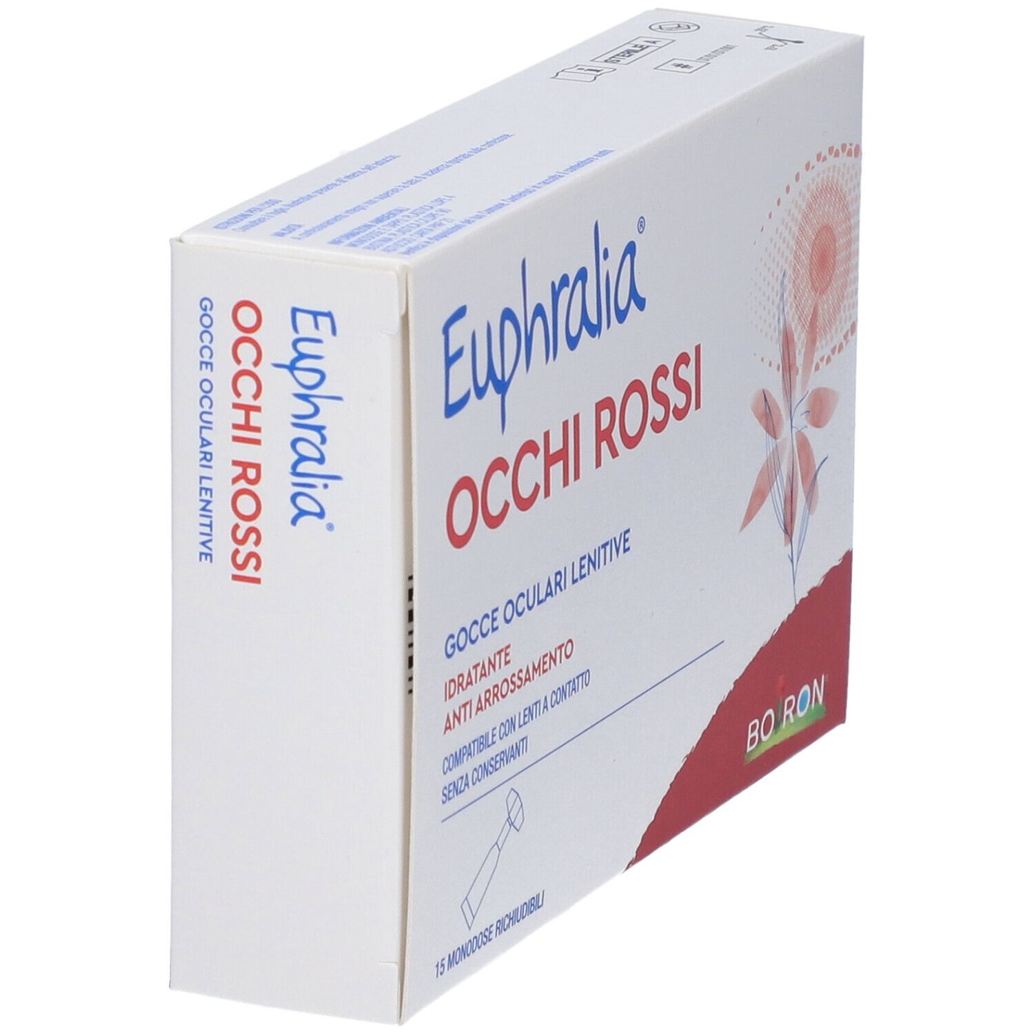 Weißer Karton, schräg von der Seite gesehen. Aufschrift: Euphralia Occhi Rossi, Gocce Oculari Lenitive. Rote und blaue Grafik.
