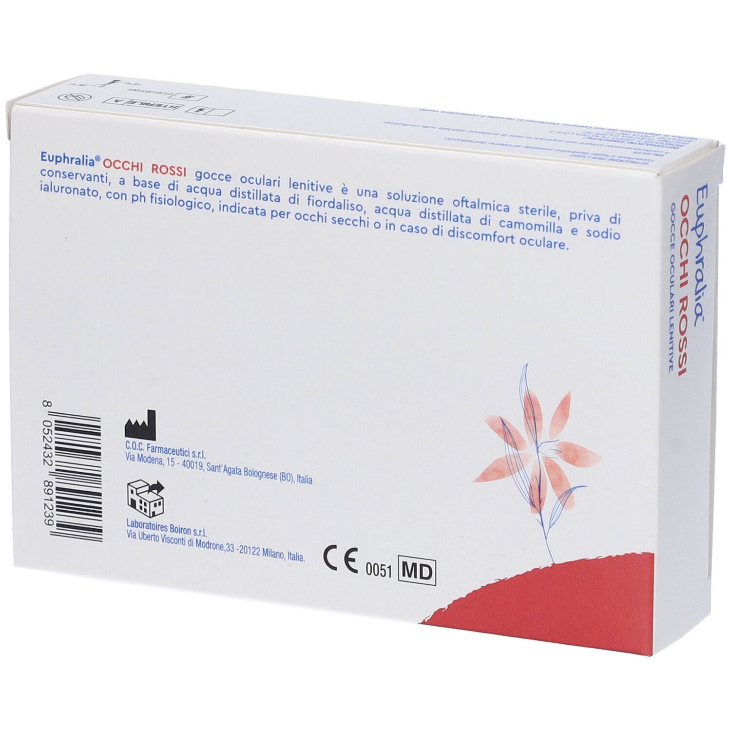 Rückseite eines weißen Kartons. Text: Euphralia Occhi Rossi, Gocce Oculari Lenitive. Medizinprodukt. CE-Kennzeichnung.