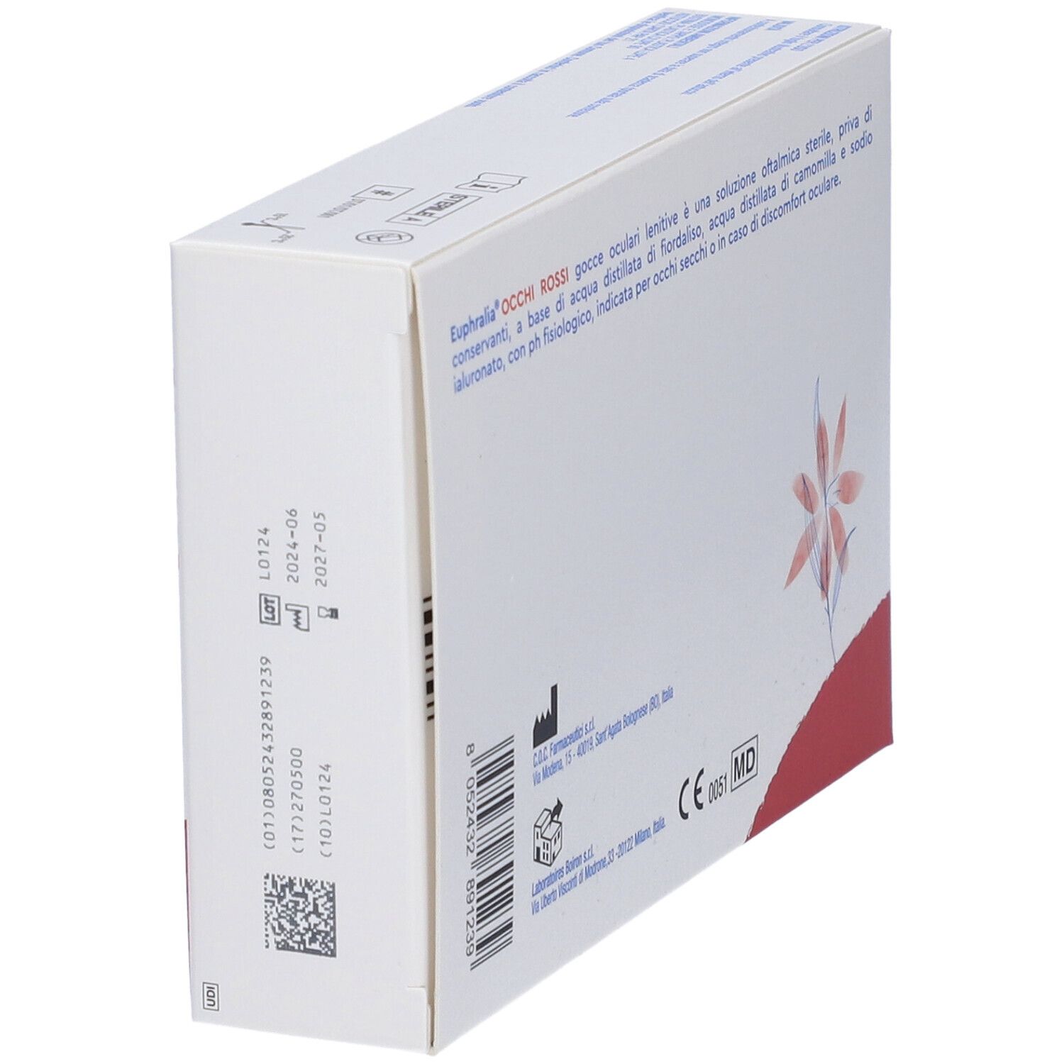 Schräg gesehene Rückseite eines weißen Kartons. Text: Euphralia Occhi Rossi, Gocce Oculari Lenitive. Medizinprodukt. CE-Kennzeichnung.