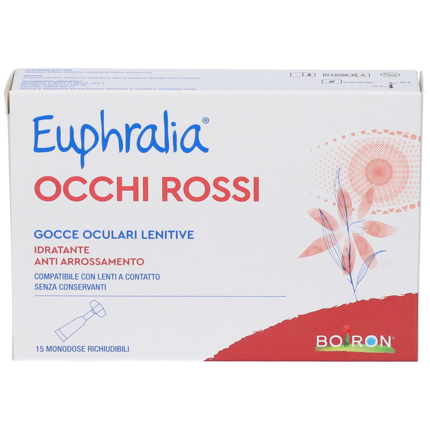 Weißer Karton mit roter und blauer Grafik. Aufschrift: Euphralia Occhi Rossi, Gocce Oculari Lenitive. 15 Einzeldosen.