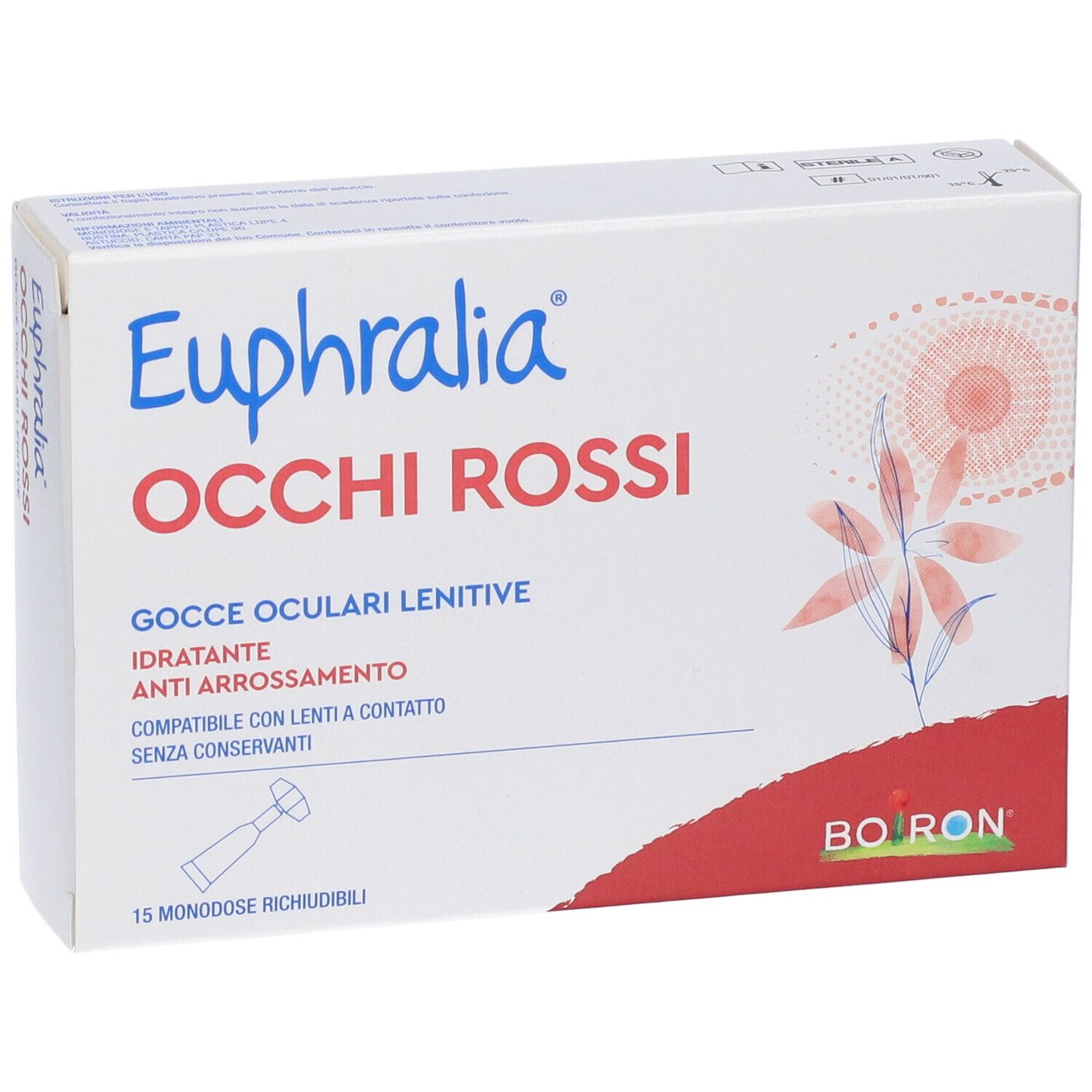 Weißer Karton mit roter und blauer Grafik. Aufschrift: Euphralia Occhi Rossi, Gocce Oculari Lenitive. 15 Einzeldosen.