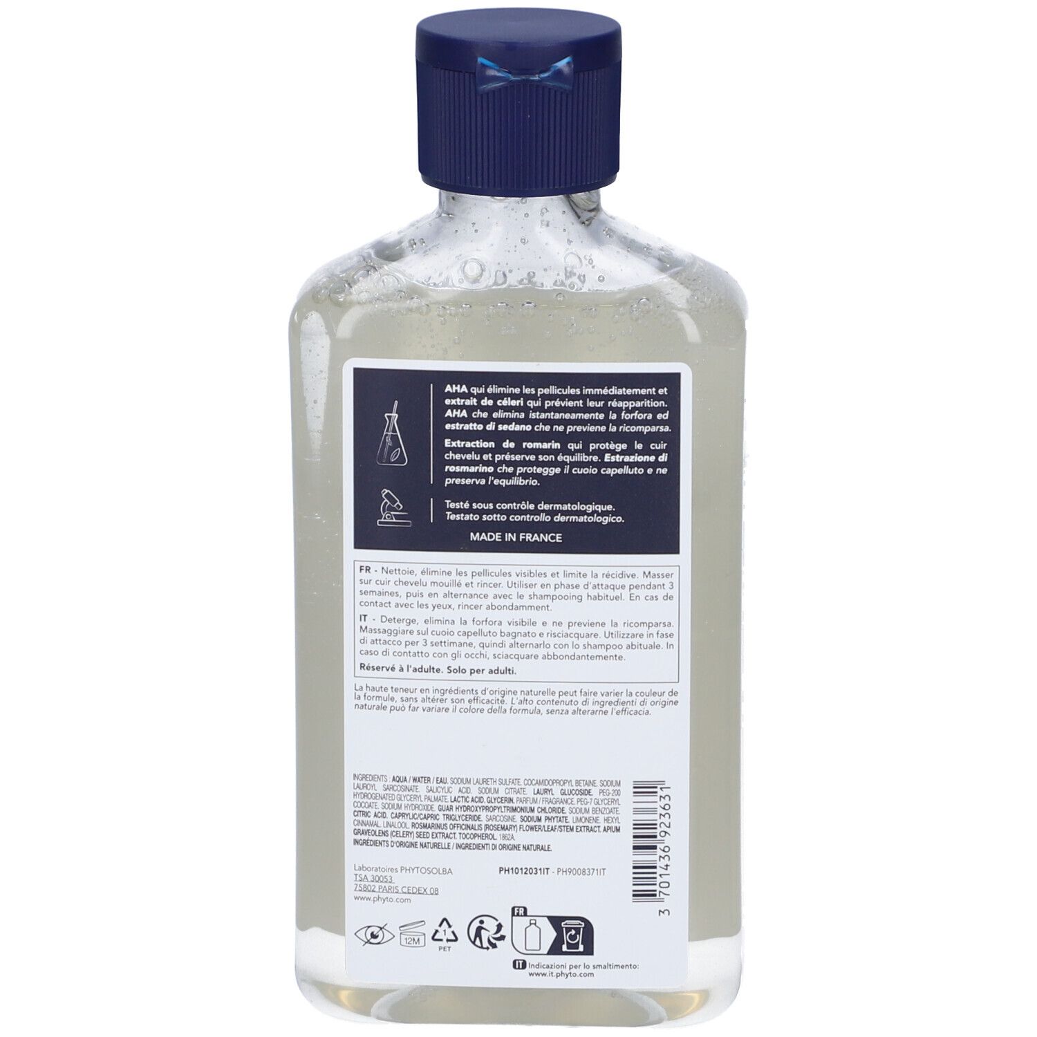 Rückseite der Flasche. Textinformationen auf Etikett. Hergestellt in Frankreich. Enthält Symbole und Barcode.