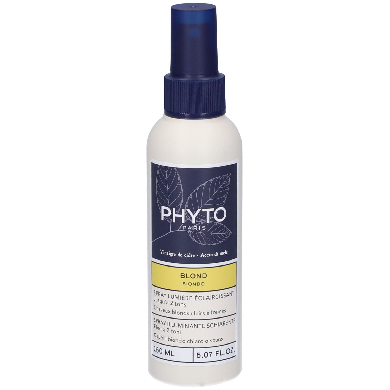 Spray bianco con erogatore blu. Scritta: PHYT0 PARIS, Biondo. Area gialla con testo. 150 ml.