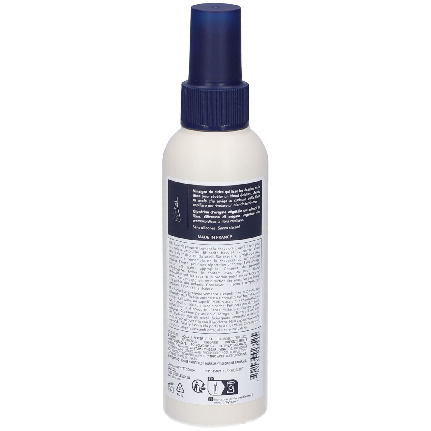 Spray bianco con erogatore blu. Retro con testo ed etichette. Made in France.