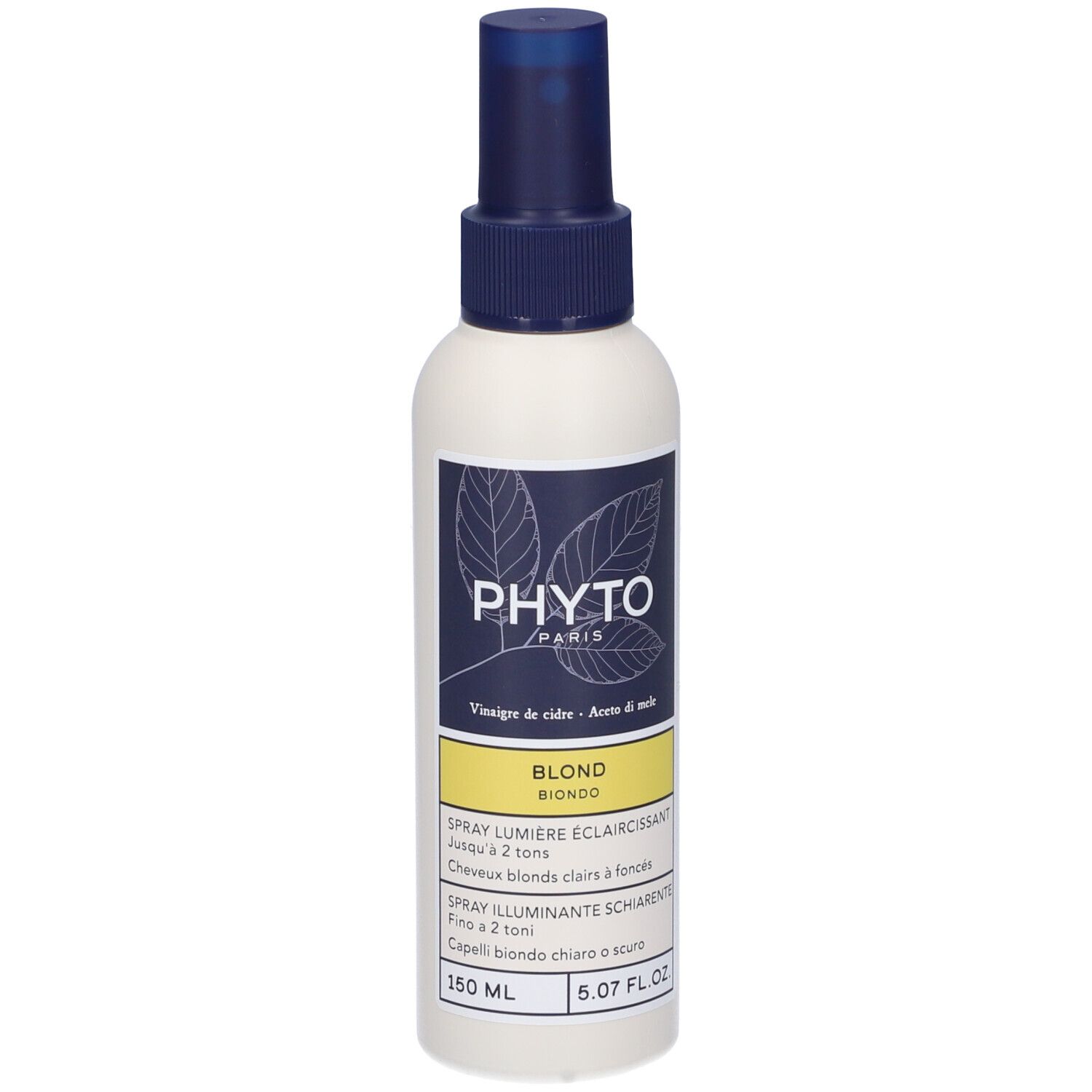 Spray bianco con erogatore blu. Scritta: PHYT0 PARIS, Biondo. Area gialla con testo. 150 ml.