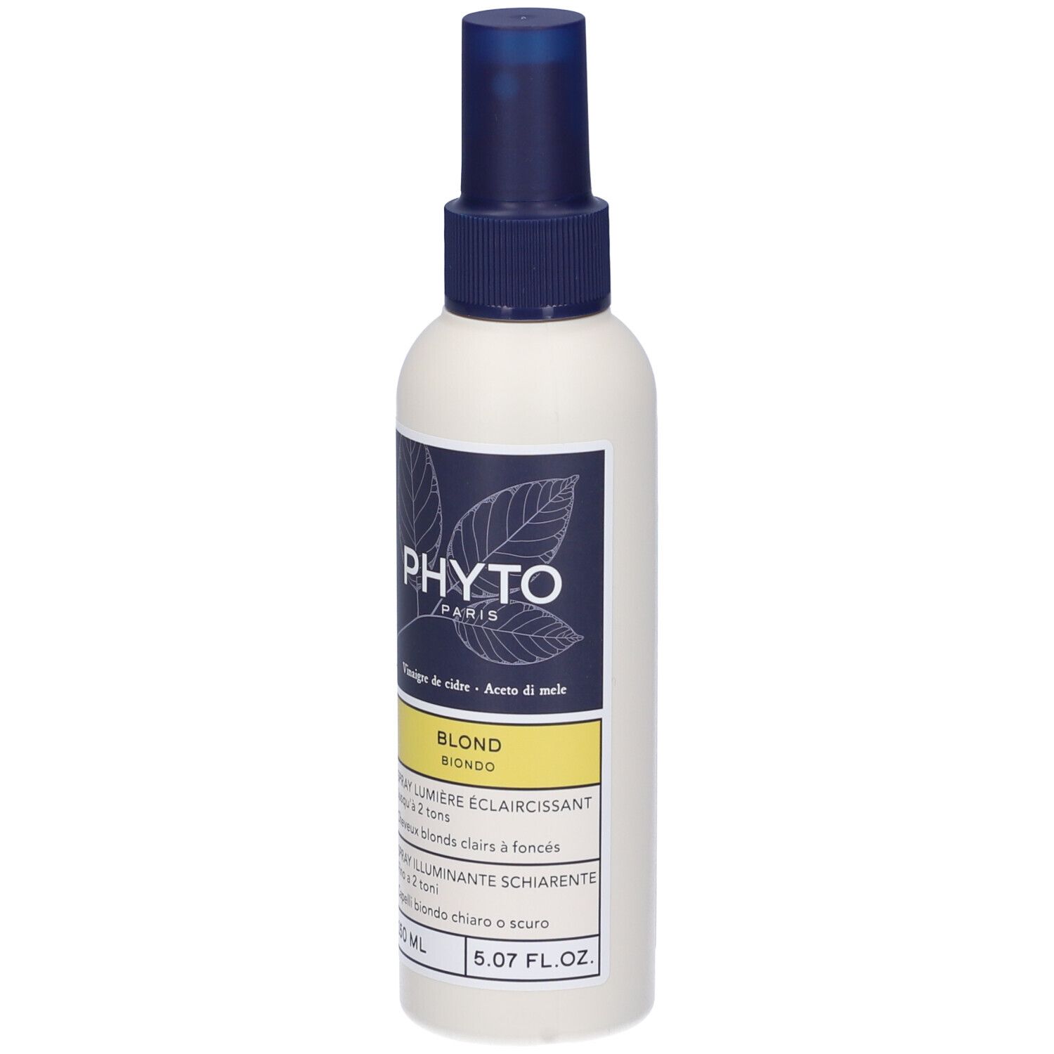 Spray bianco con erogatore blu. Scritta: PHYT0 PARIS, Biondo. Area gialla con testo. 150 ml.