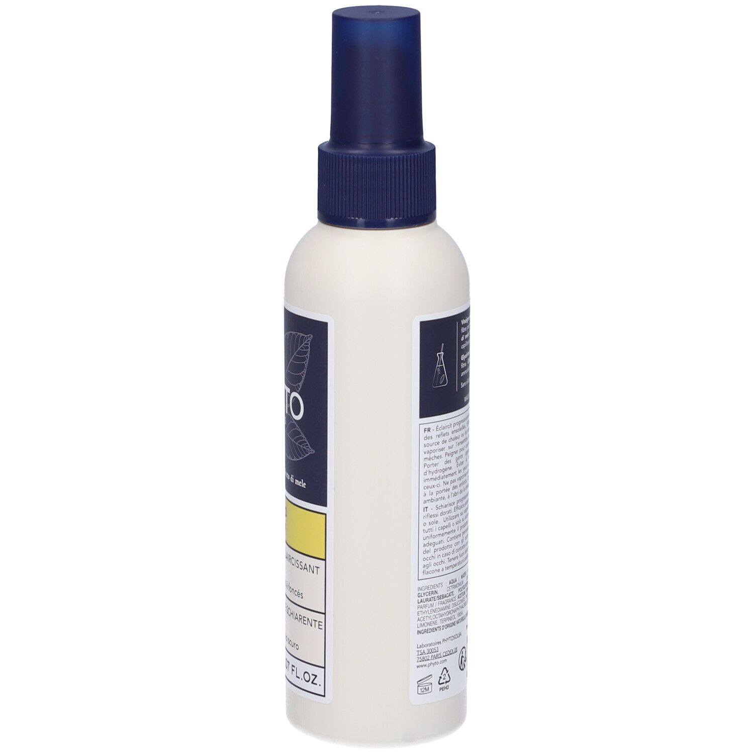 Spray bianco con erogatore blu. Testo ed etichette sul lato. 150 ml.