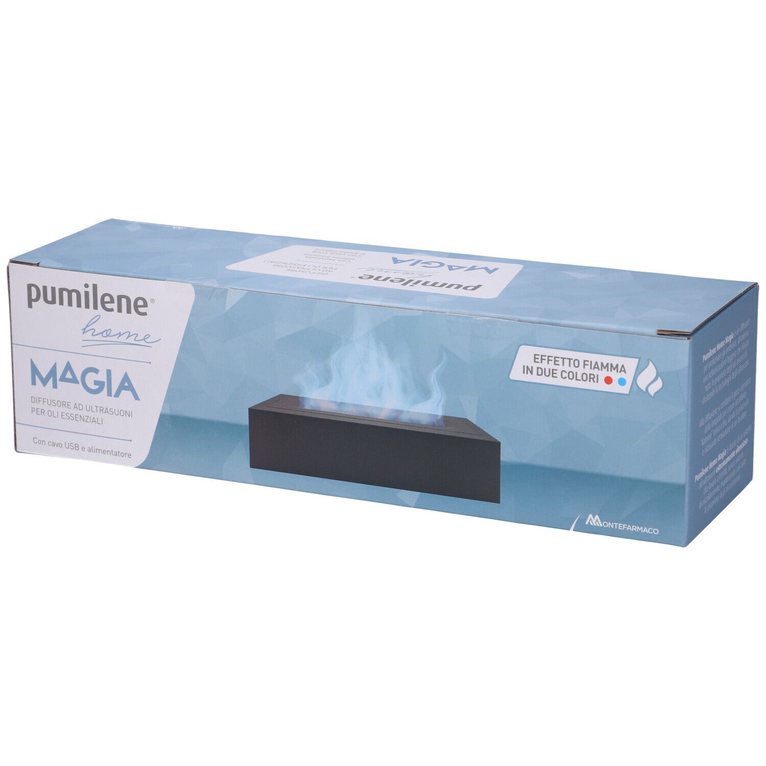 Pumilene Home Magia Ultraschall-Diffusor in schwarzem Rechteckgehäuse mit Flammen-Effekt.