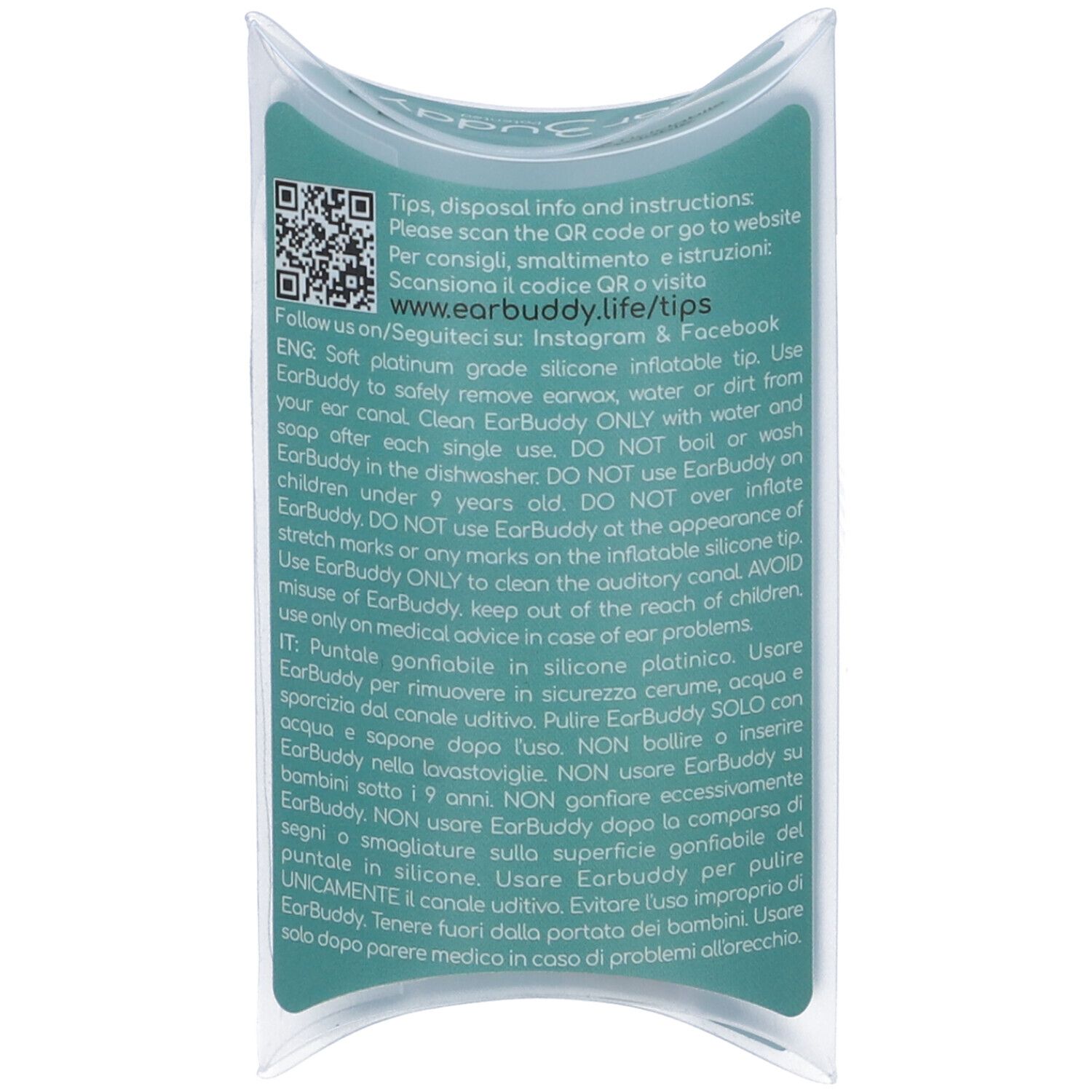 Retro confezione. Testo: 'Tips, disposal info and instructions'. QR code e testo: www.earbuddy.life/tips. Istruzioni multilingue.