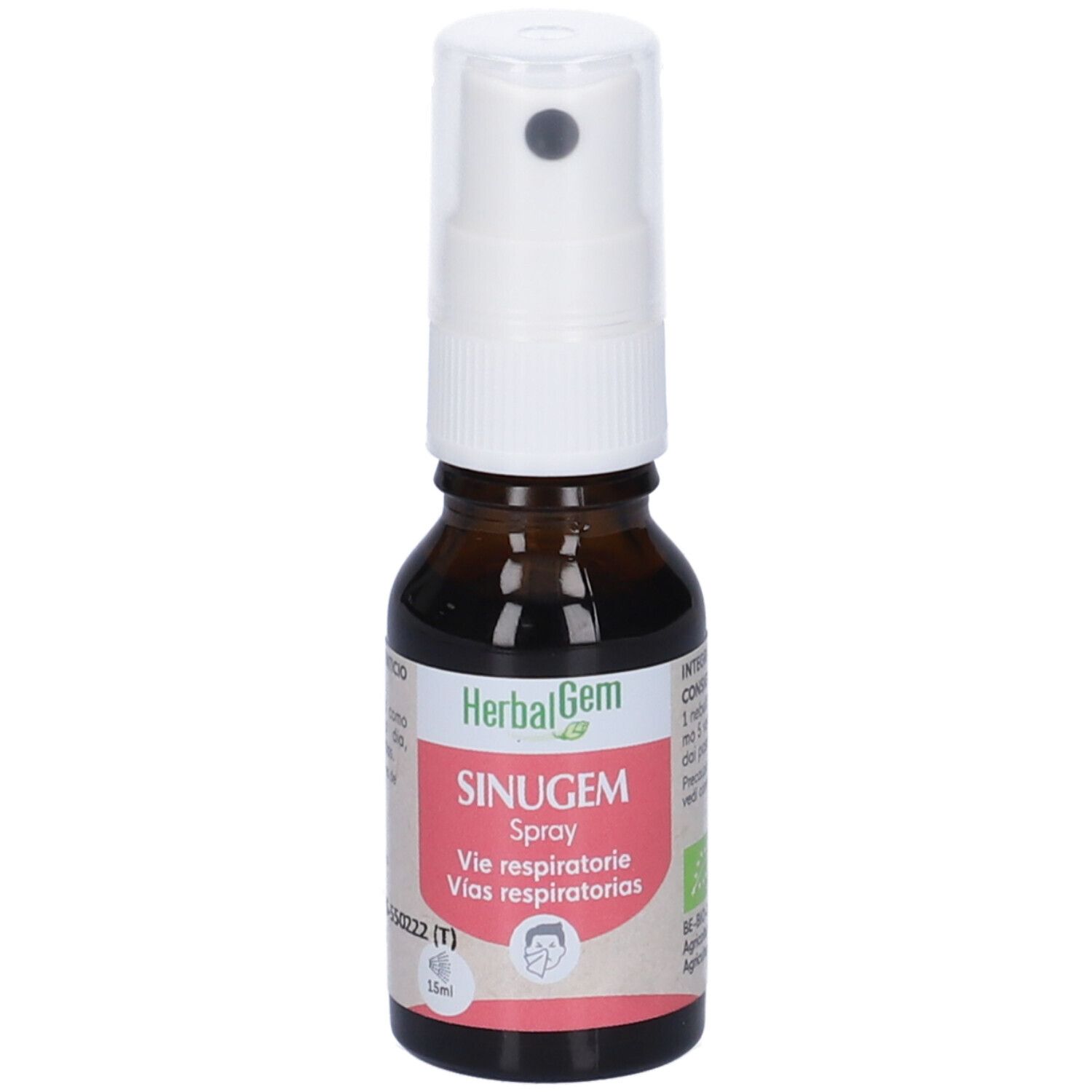 Flacone di vetro marrone con vaporizzatore bianco. Scritta: HerbalGem, SINUGEM, Spray, Vie respiratorie.