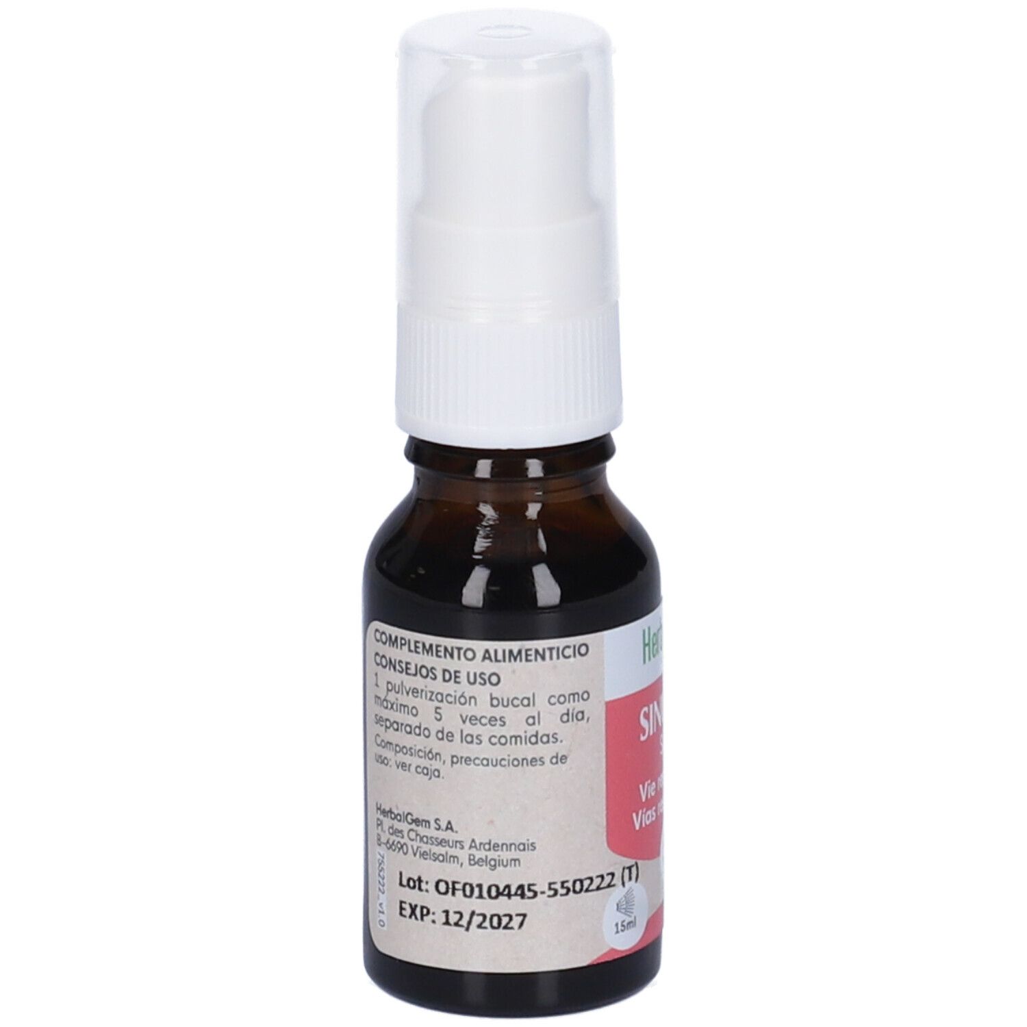 Flacone di vetro marrone con vaporizzatore bianco. Scritta: HerbalGem, SINUGEM, Spray, Vie respiratorie.