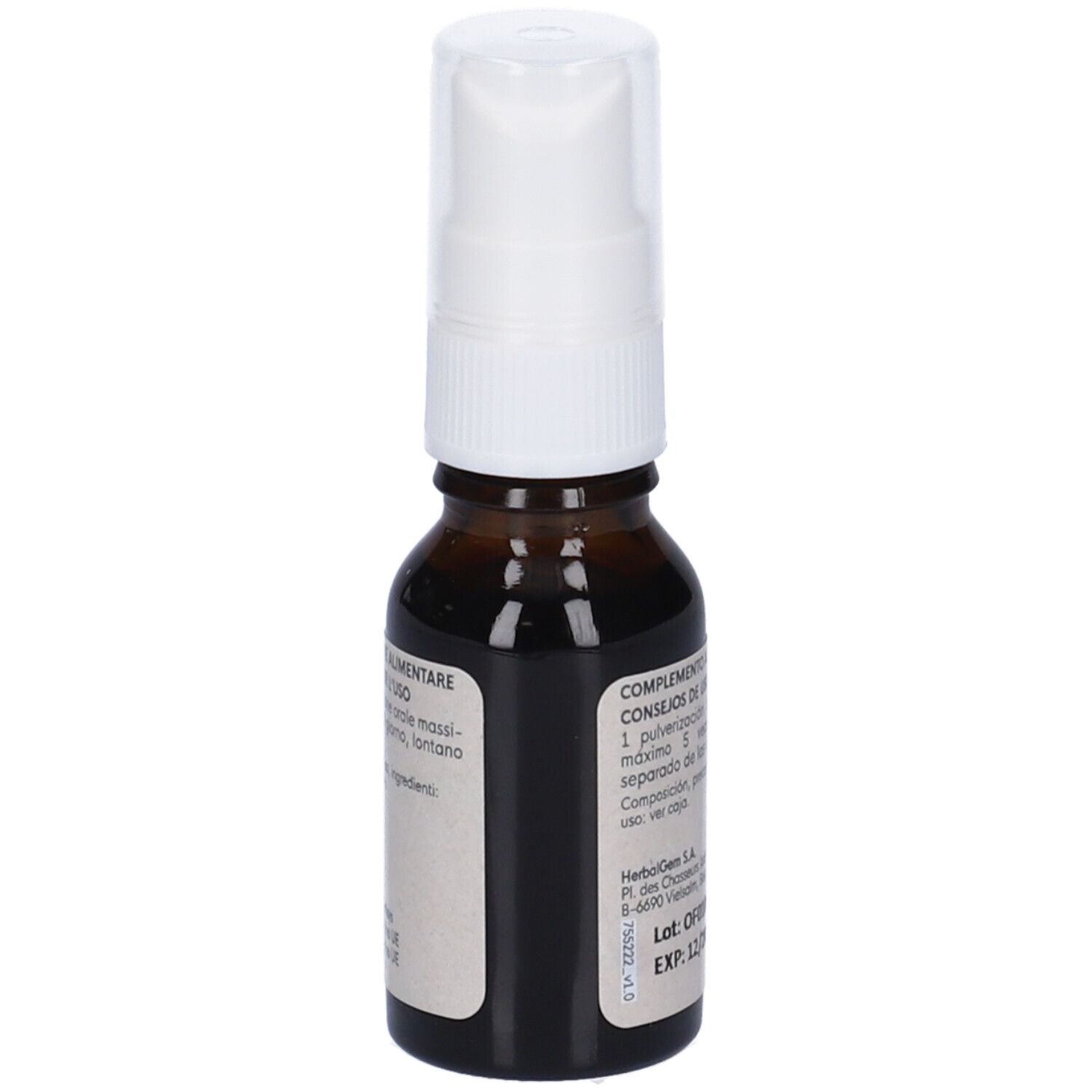 Flacone di vetro marrone con vaporizzatore bianco. Scritta: HerbalGem, SINUGEM, Spray, Vie respiratorie.