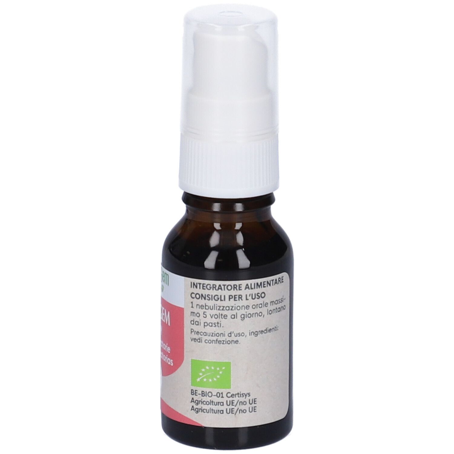 Flacone di vetro marrone con vaporizzatore bianco. Scritta: HerbalGem, SINUGEM, Spray, Vie respiratorie.