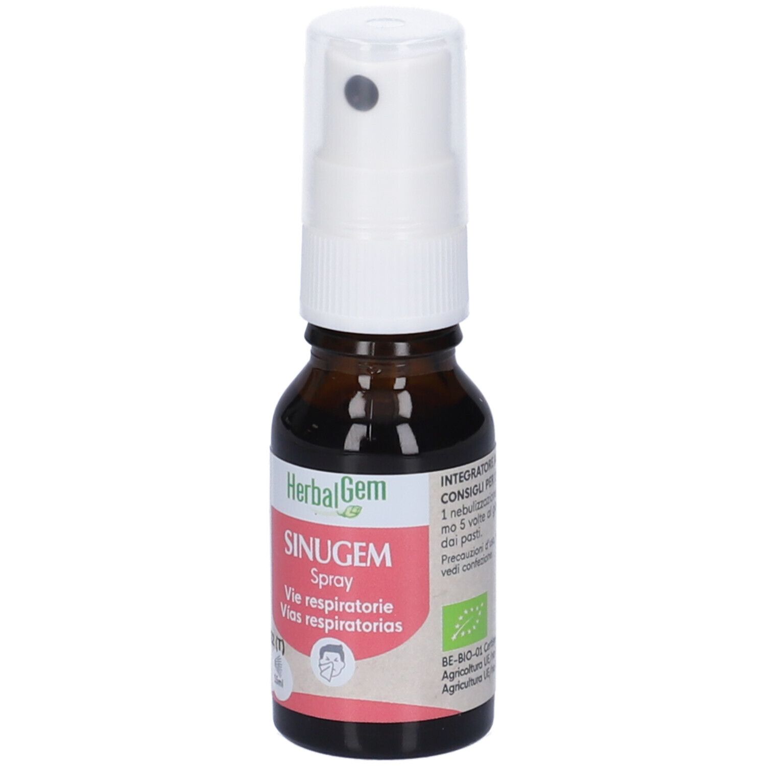 Flacone di vetro marrone con vaporizzatore bianco. Scritta: HerbalGem, SINUGEM, Spray, Vie respiratorie.