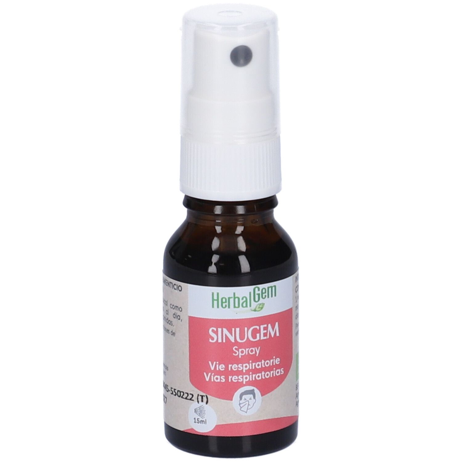 Flacone di vetro marrone con vaporizzatore bianco. Scritta: HerbalGem, SINUGEM, Spray, Vie respiratorie.