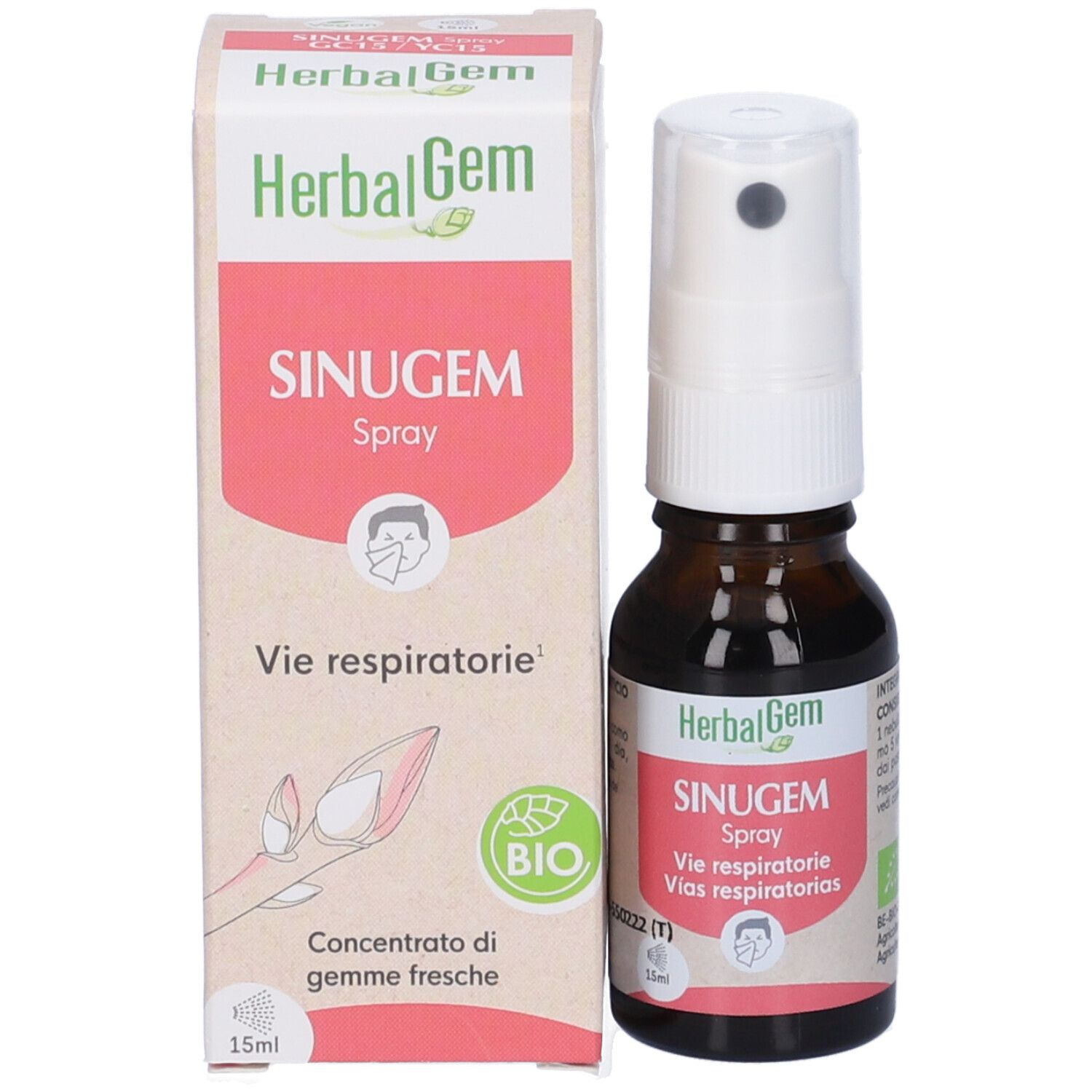 Flacone di vetro marrone con vaporizzatore bianco e scatola. Scritta: HerbalGem, SINUGEM, Spray, Vie respiratorie.